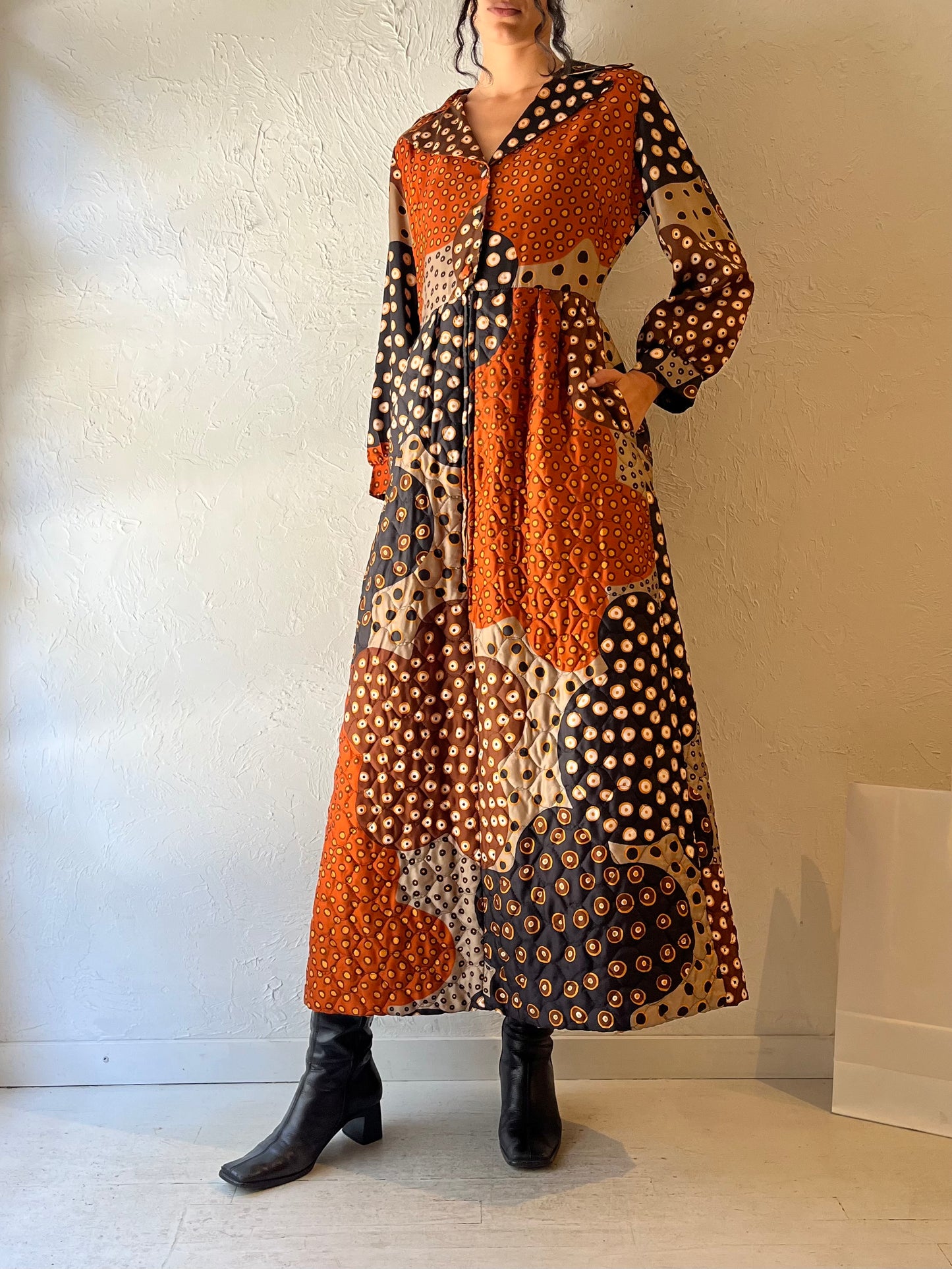 70s ‘Louis Marie’ Long Sleeve Quilted Maxi Dress / Medium
