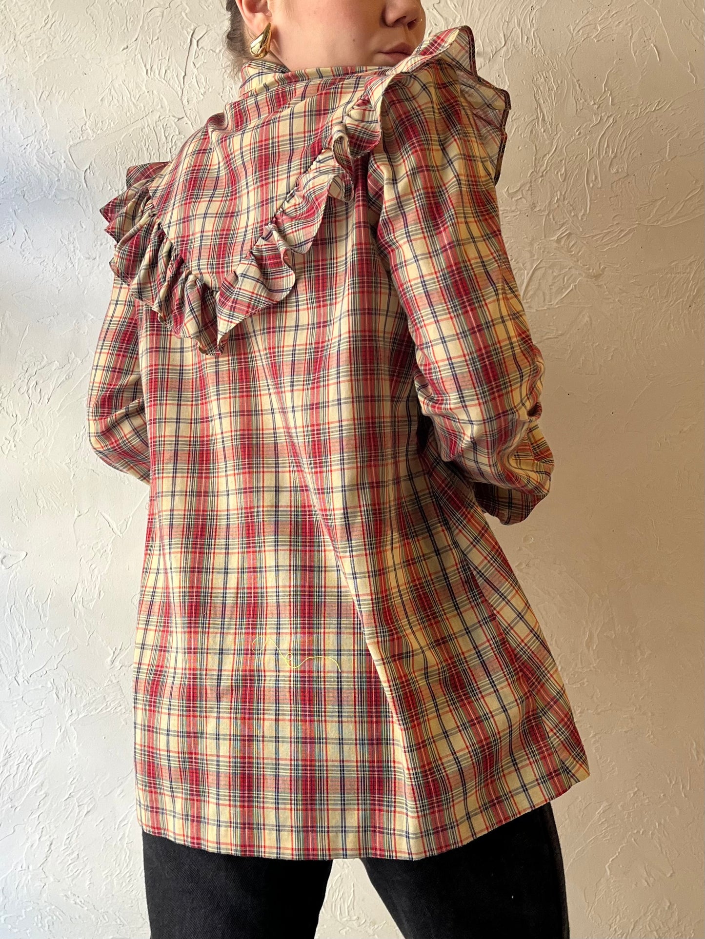 70s ‘Andra Inc’ Plaid Western Ruffle Blouse / Medim