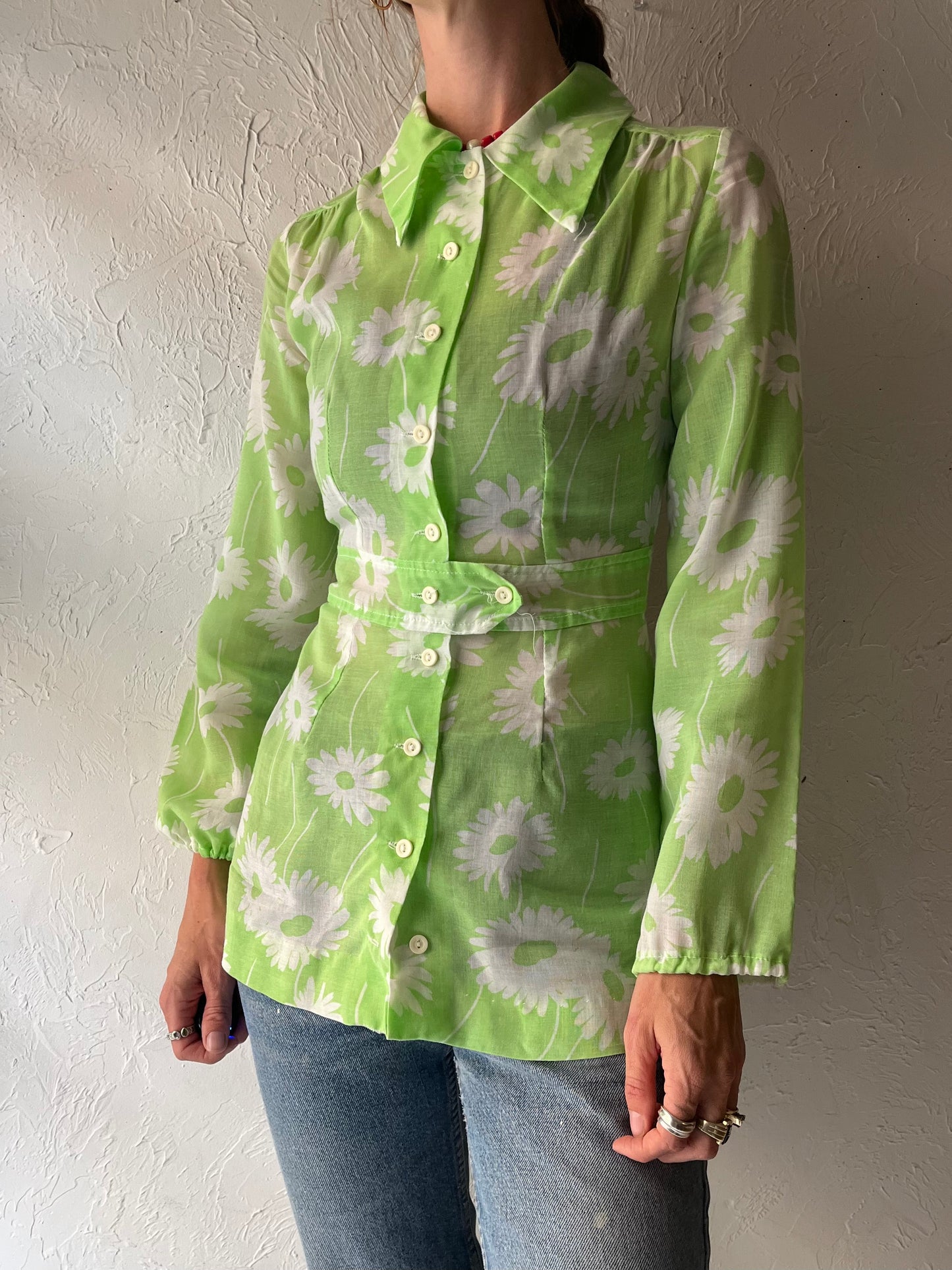70s 'Antigo' Green Long Sleeve Blouse / Small