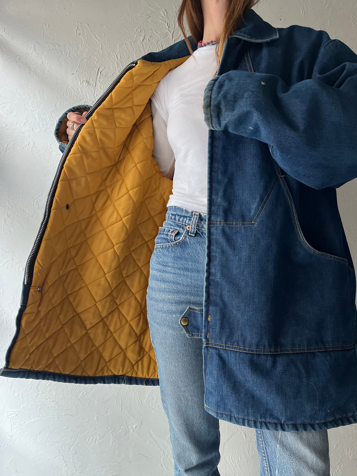Vintage Blue Denim Chore Coat Quilted Lined Workwear Utility Jacket / XL