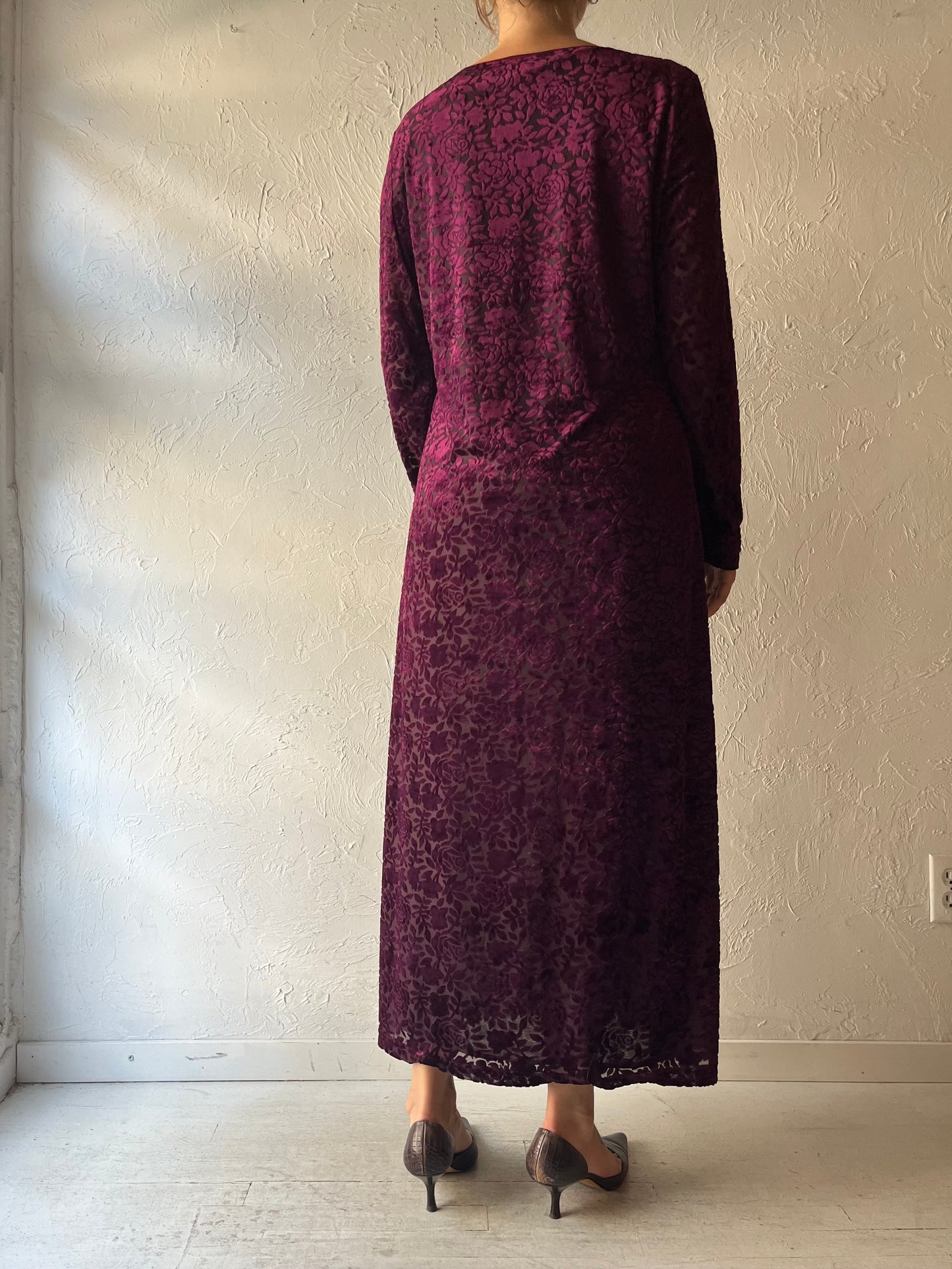90s 'Moda Intl' Burgundy Burnt Velvet Maxi Dress / Large