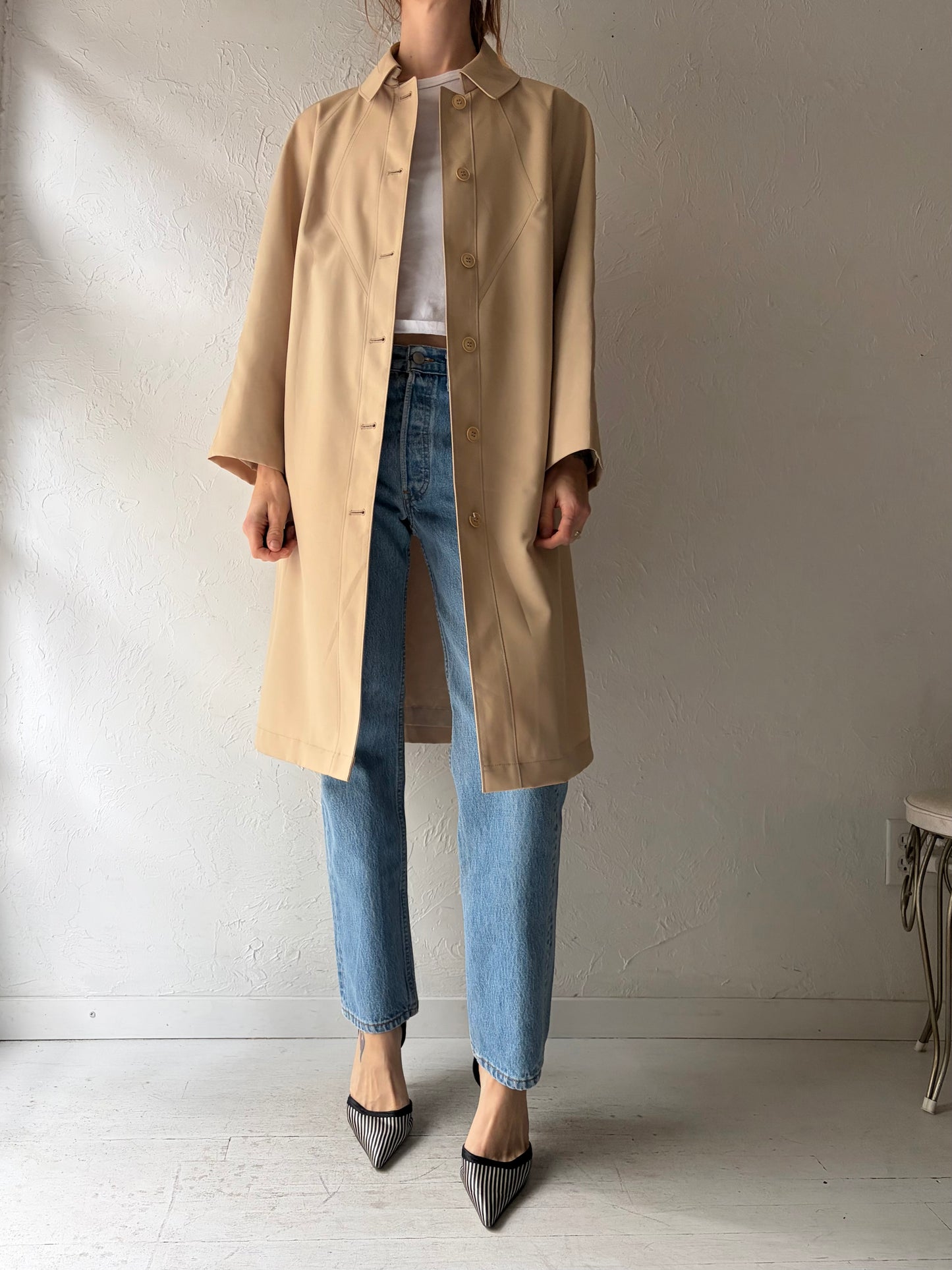 70s 'Misty Harbor' Beige Half Trench Coat / Small