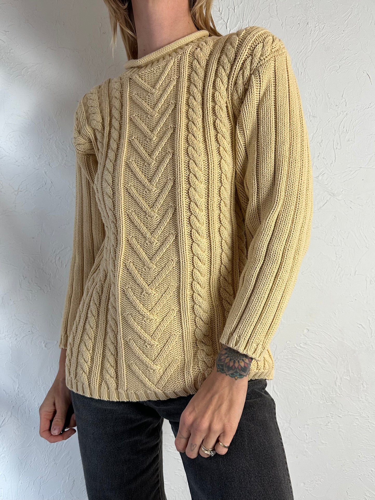 90s 'Jessica' Cream Cotton Cable Knit Sweater / Medium