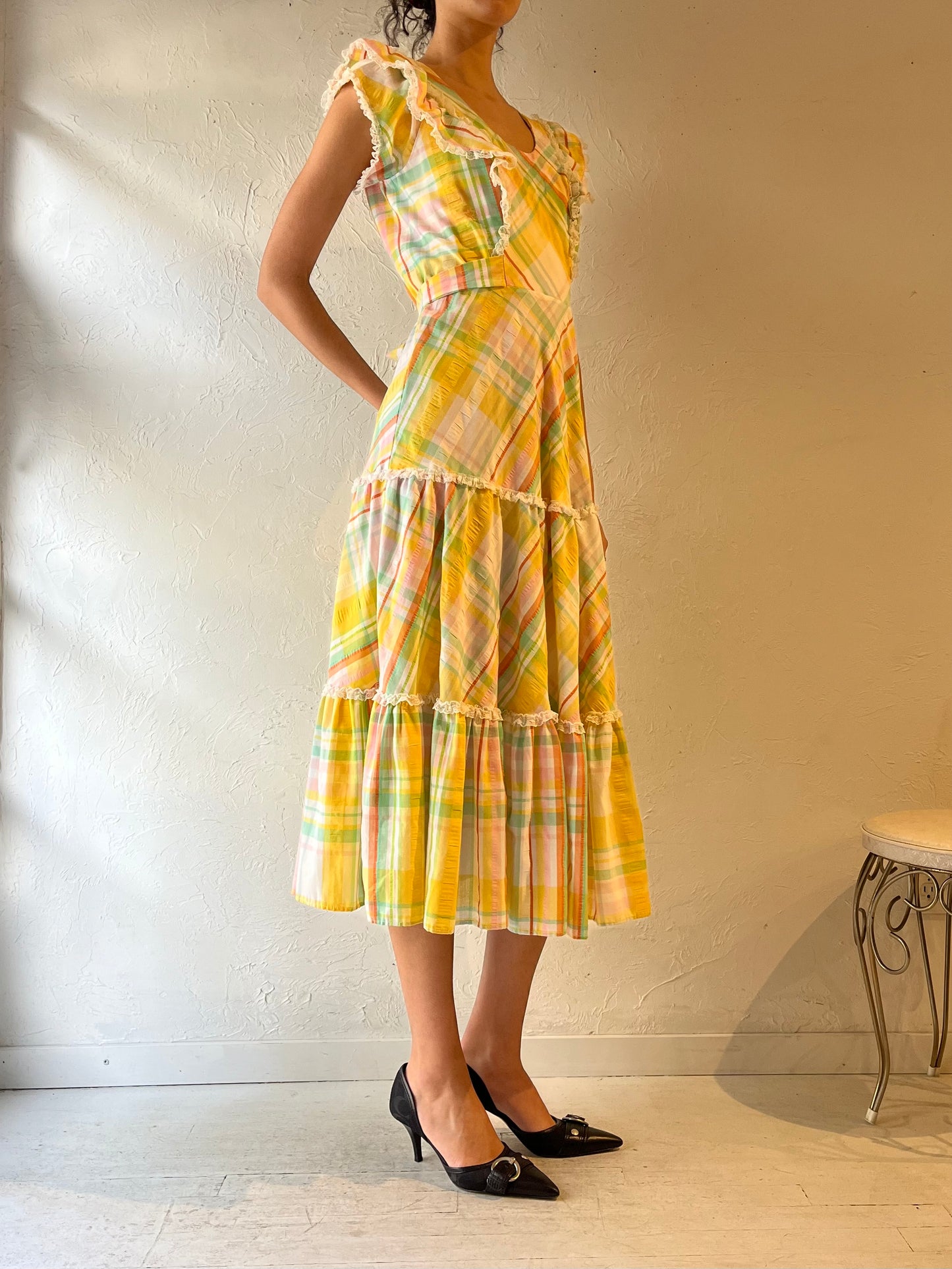 70s ‘Le Voys’ Rainbow Plaid Peasant Midi Dress / Small