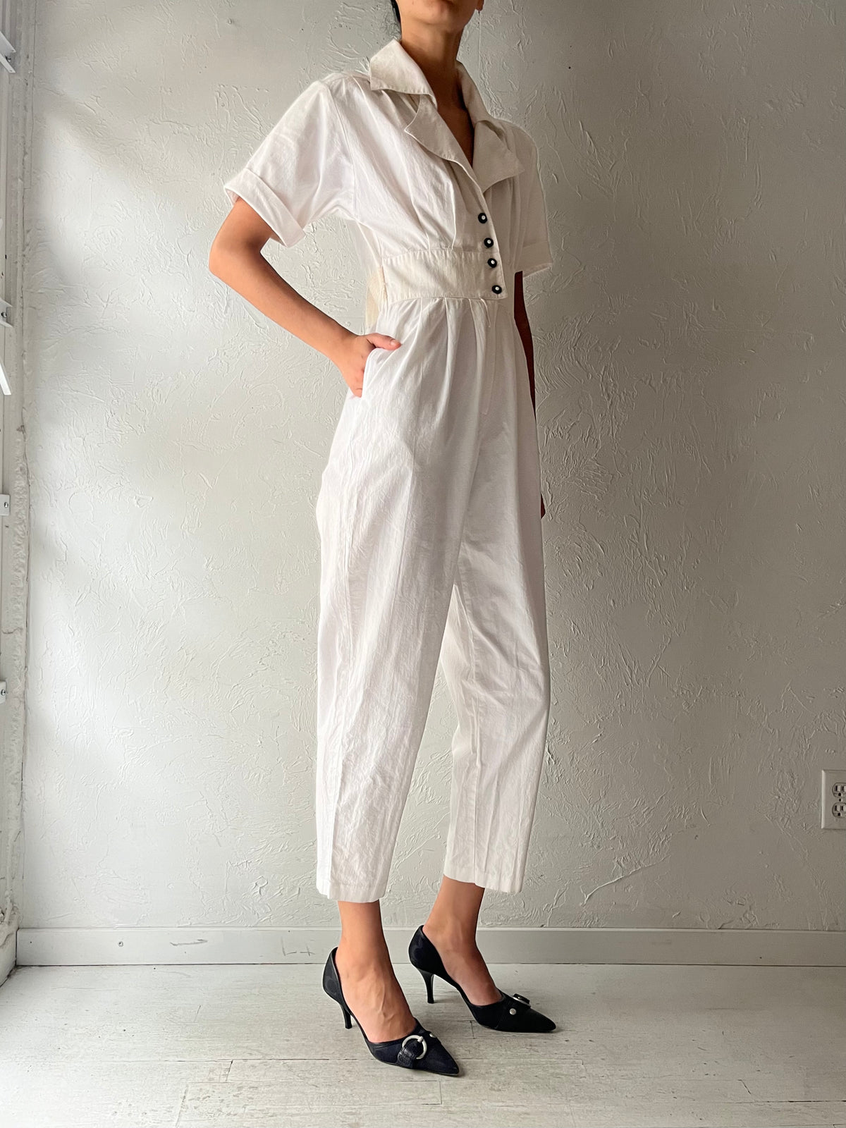 Vintage White Cotton Collared Retro Jumpsuit / Small