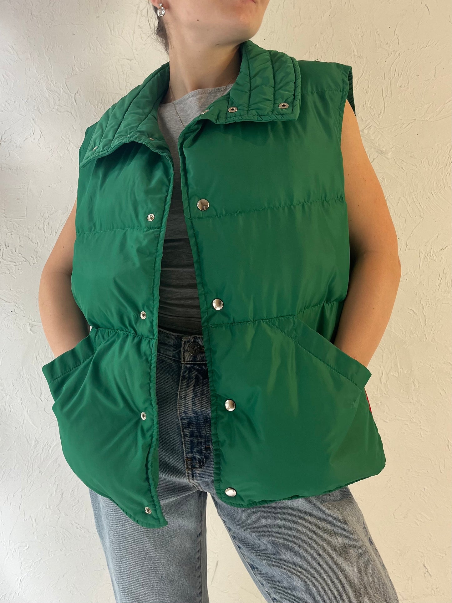 80s 'Topher' Green Quilted Nylon Down Puffer Vest / Large