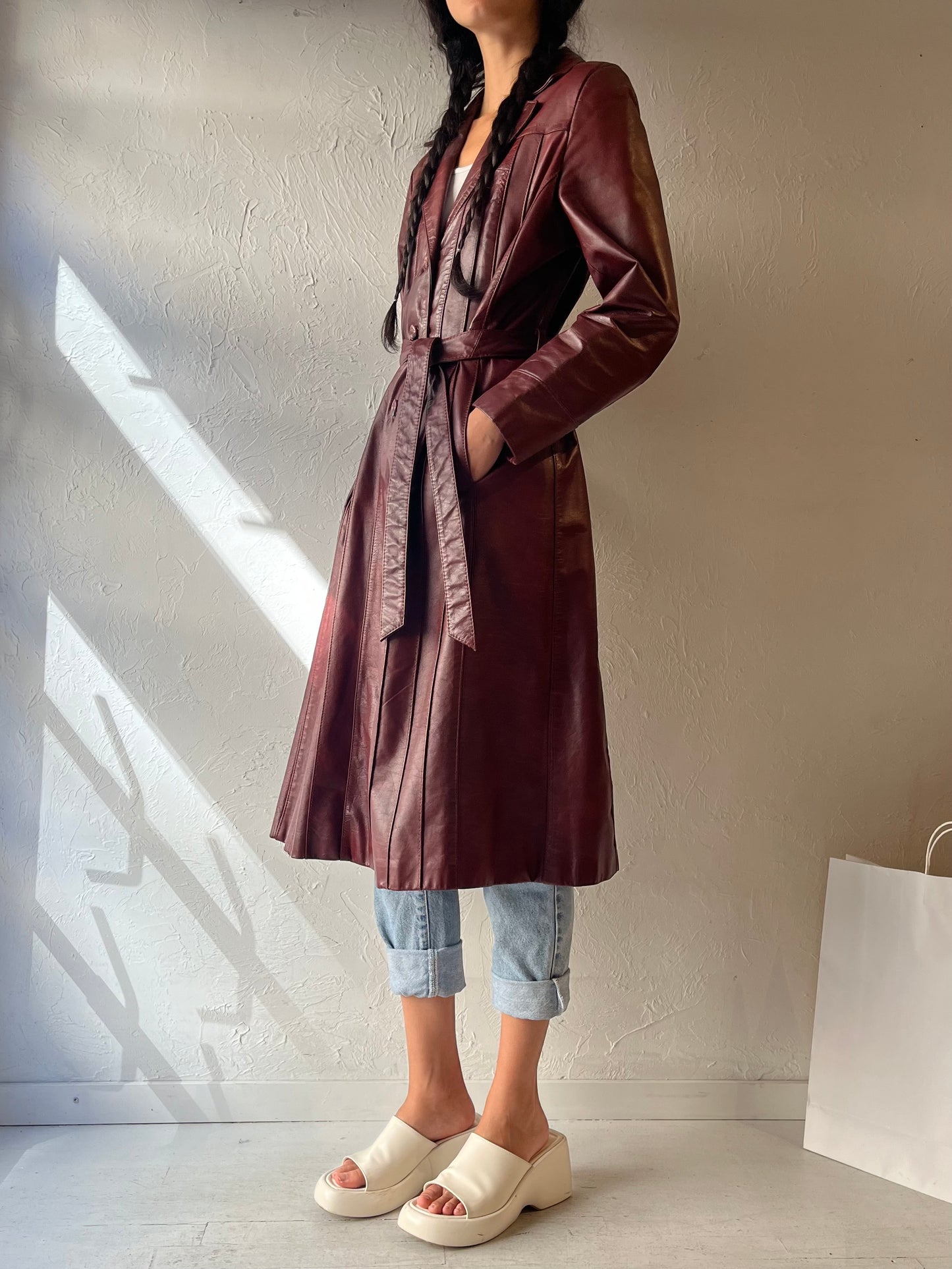 90s 'Wilsons' Burgundy Leather Trench Coat / Medium