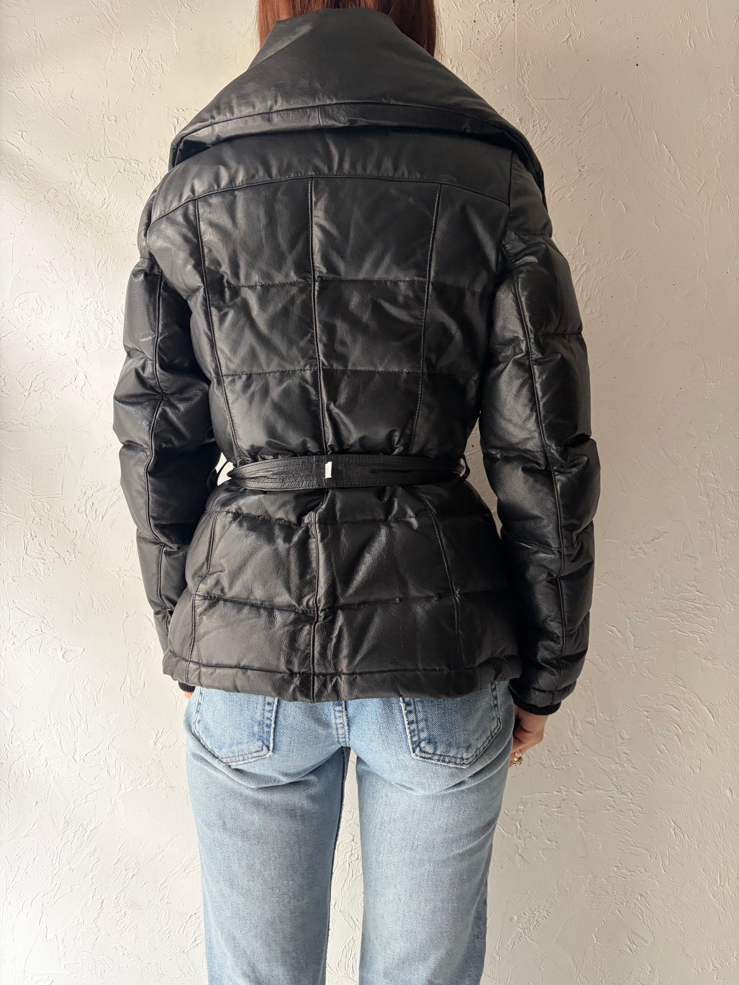 Y2k 'Danier' Black Puffy Leather Jacket / Vintage 2000s Streetwear Winter Jacket / XS