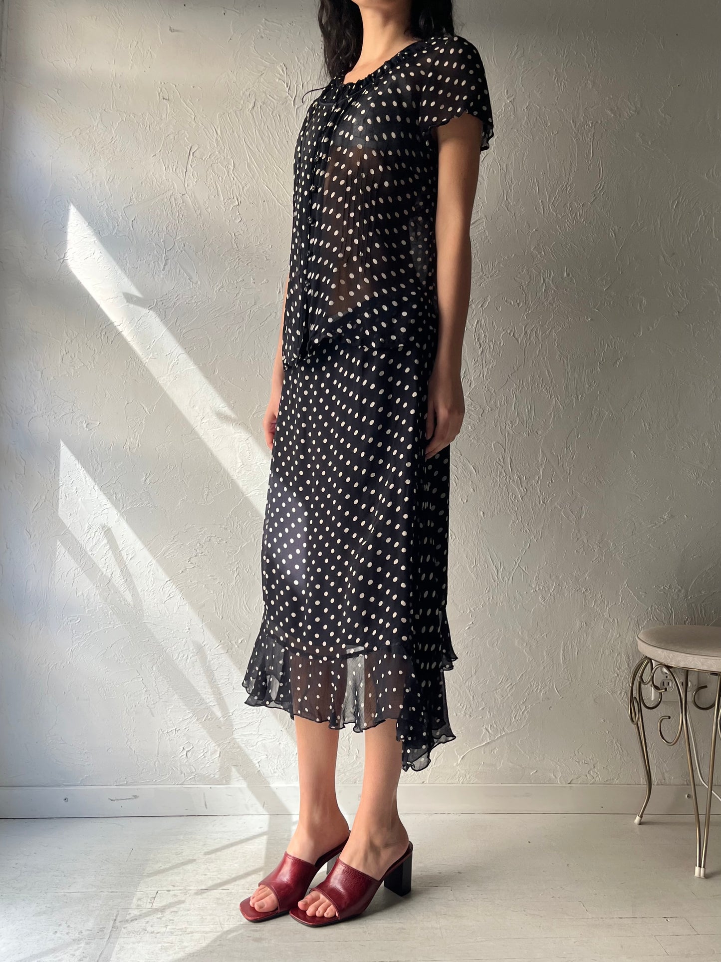 90s 'April Cornell' Polka Dot Rayon Skirt Blouse Set / Large