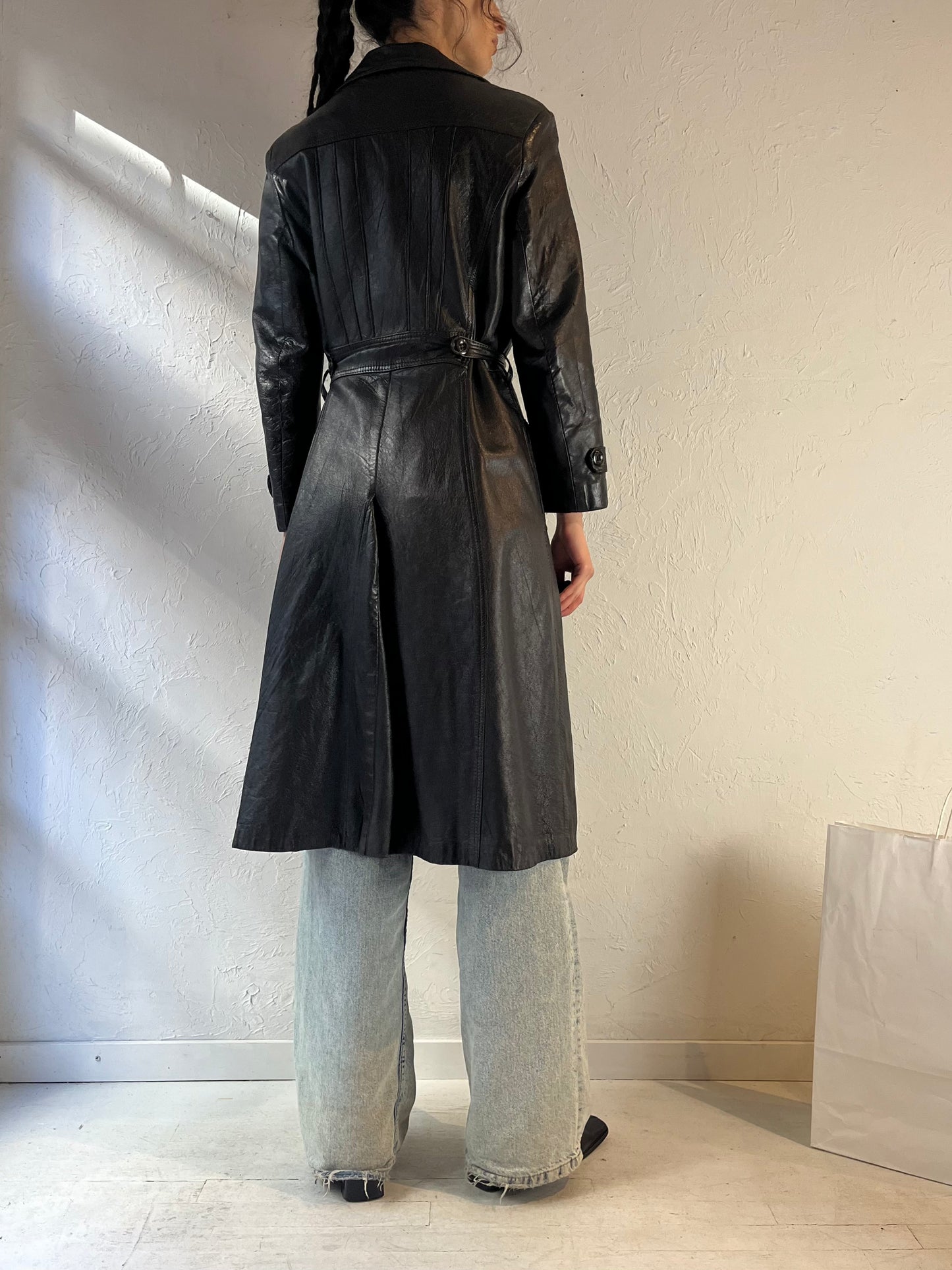 Vintage Black Leather Trench Coat / Small