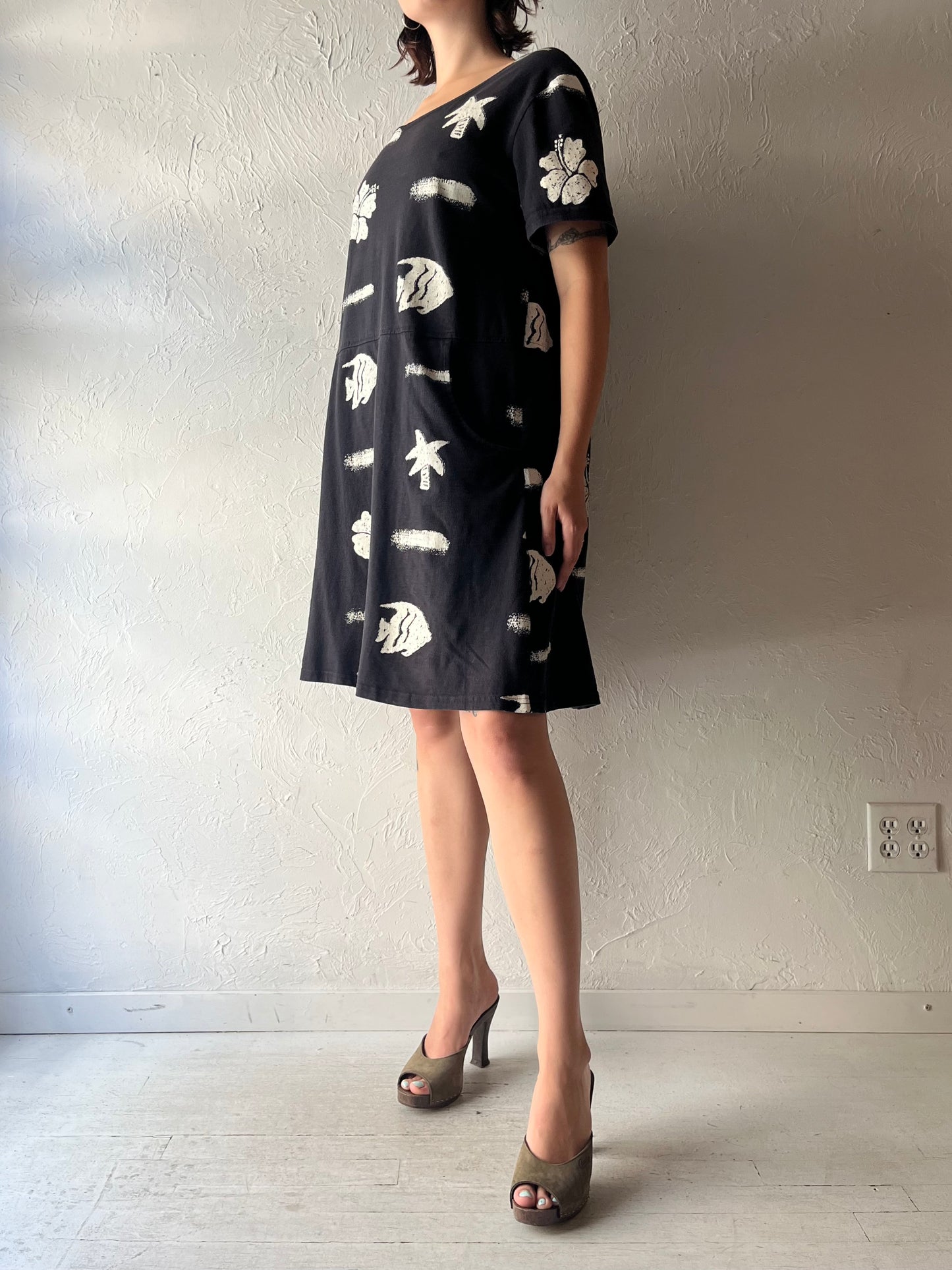 90s 'Red Ginger' Black Cotton Beach Dress / Large