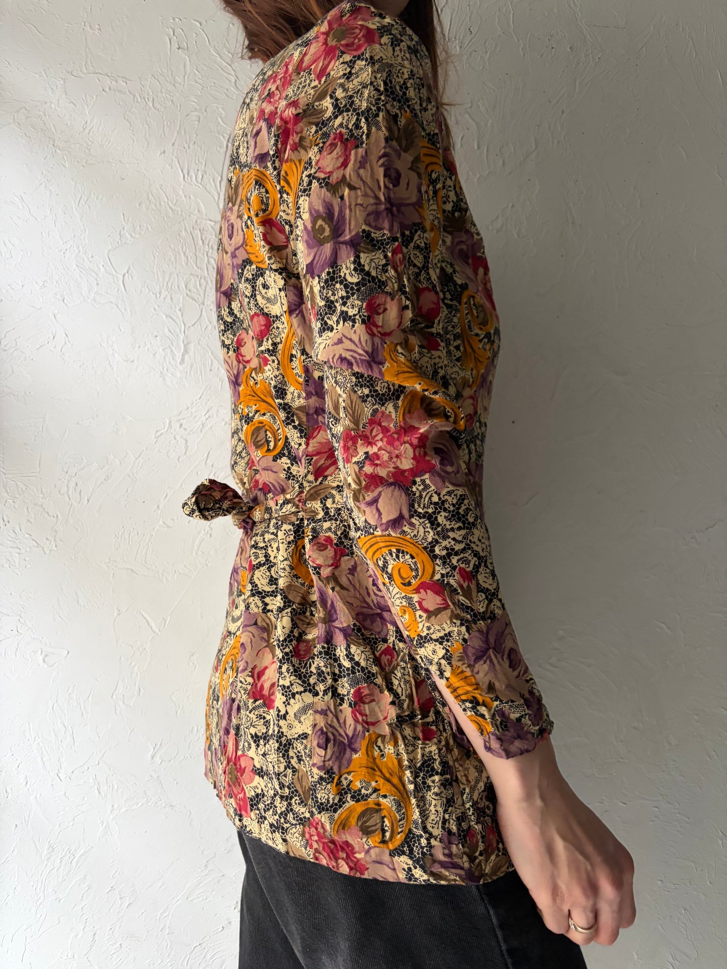 80s 'Algo' Floral Patterned Retro Top / Small