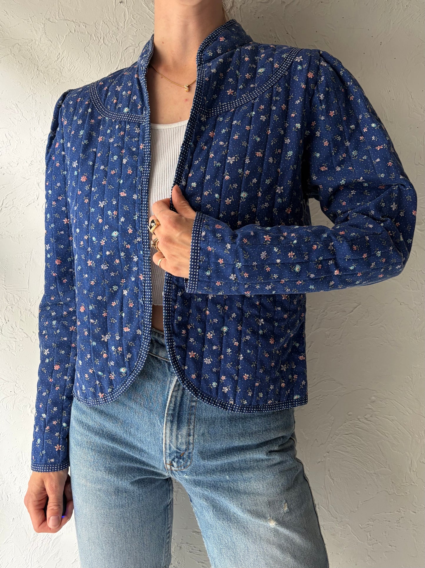 80s 'You Babes' Blue Cottage Core Quilt Jacket / Medium