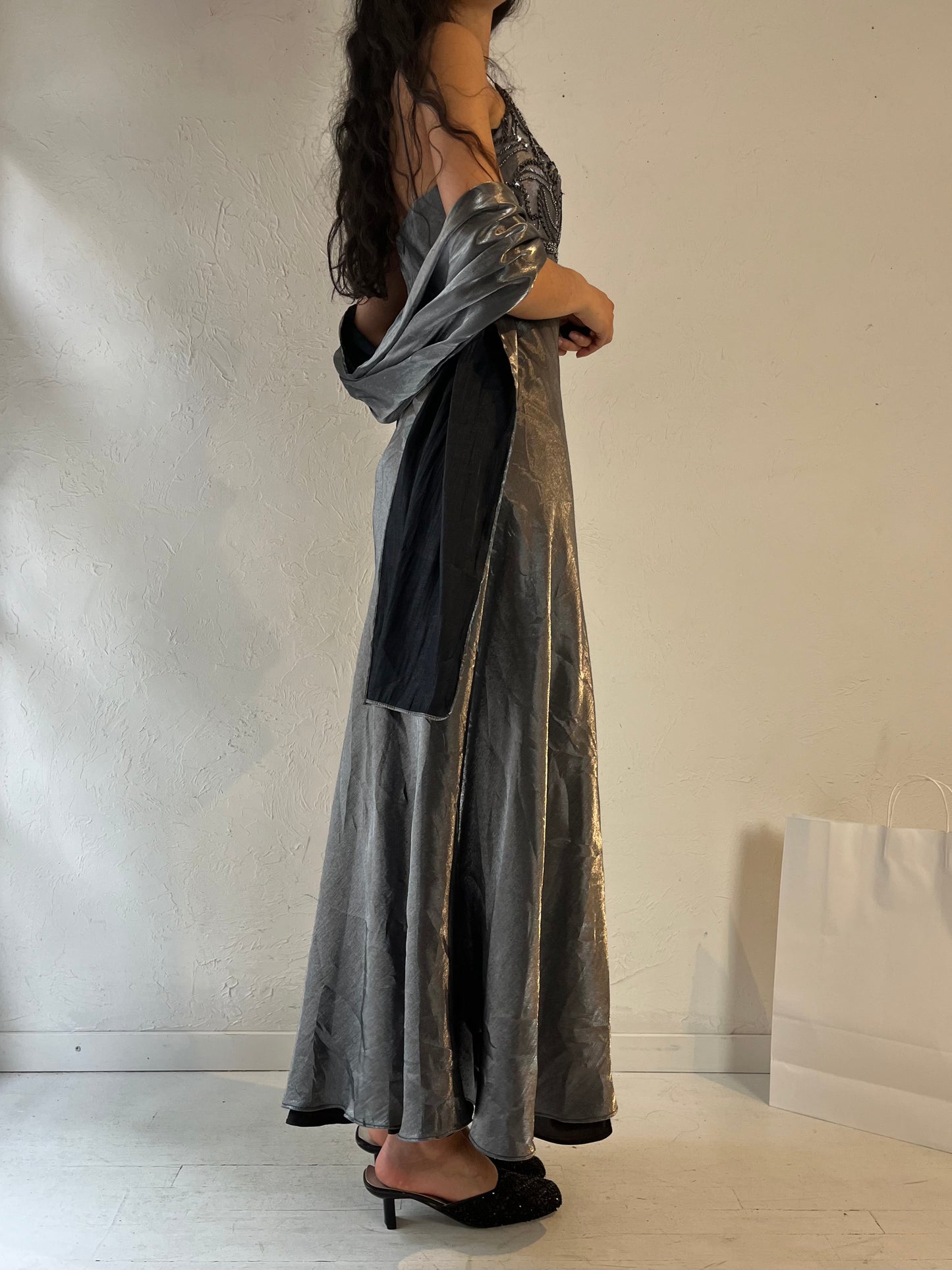 90s 'Faviana' Silver Formal Dress / Small