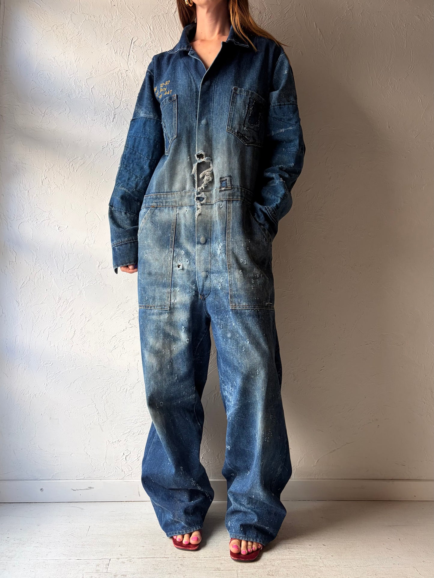 80s 'Action West' Thrashed Workwear Denim Coveralls / Large