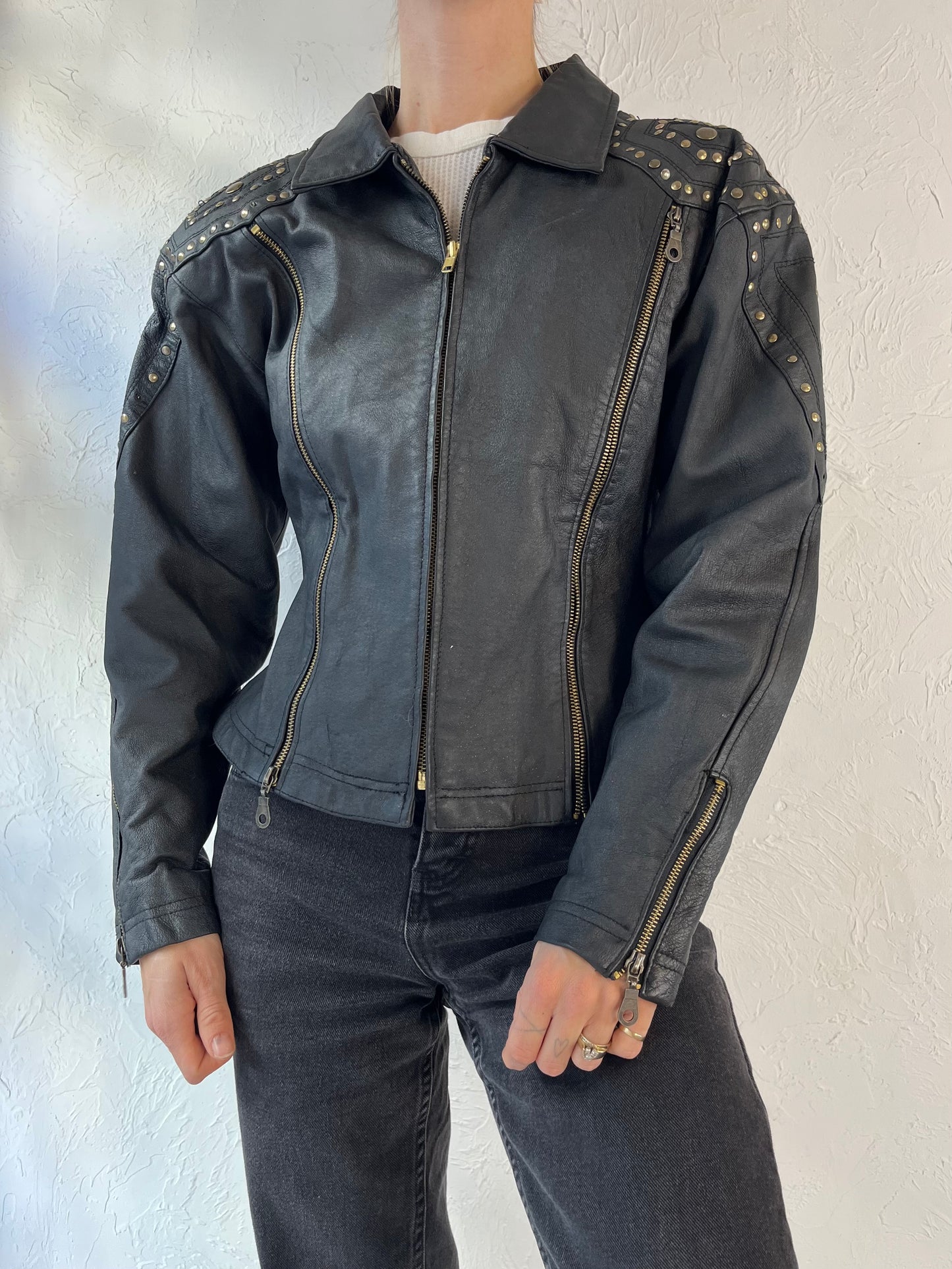 90s 'Boutique of Leathers' Black Studded Leather Jacket / Medium