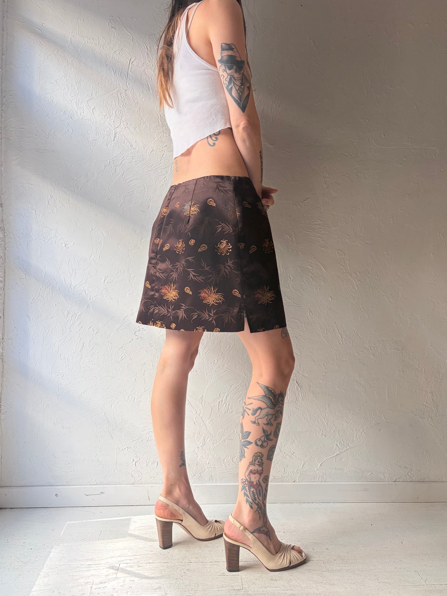 80s 'Item' Brown Floral Pattern Retro Mod Micro Mini Skirt / Medium