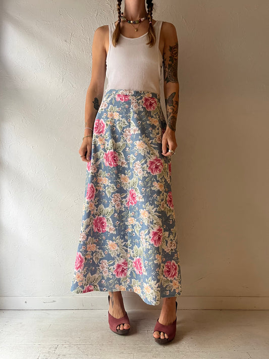 Vintage Handmade Blue Floral Cottagecore Boho Hippie Prairie Summer Maxi Skirt / Medium