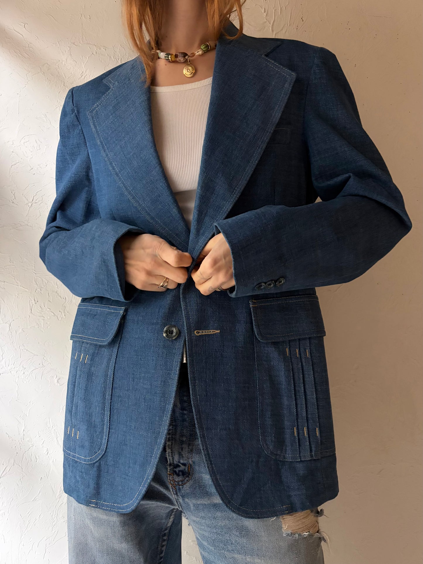 70s 'Edwin Scott' Denim Blazer Jacket / Large