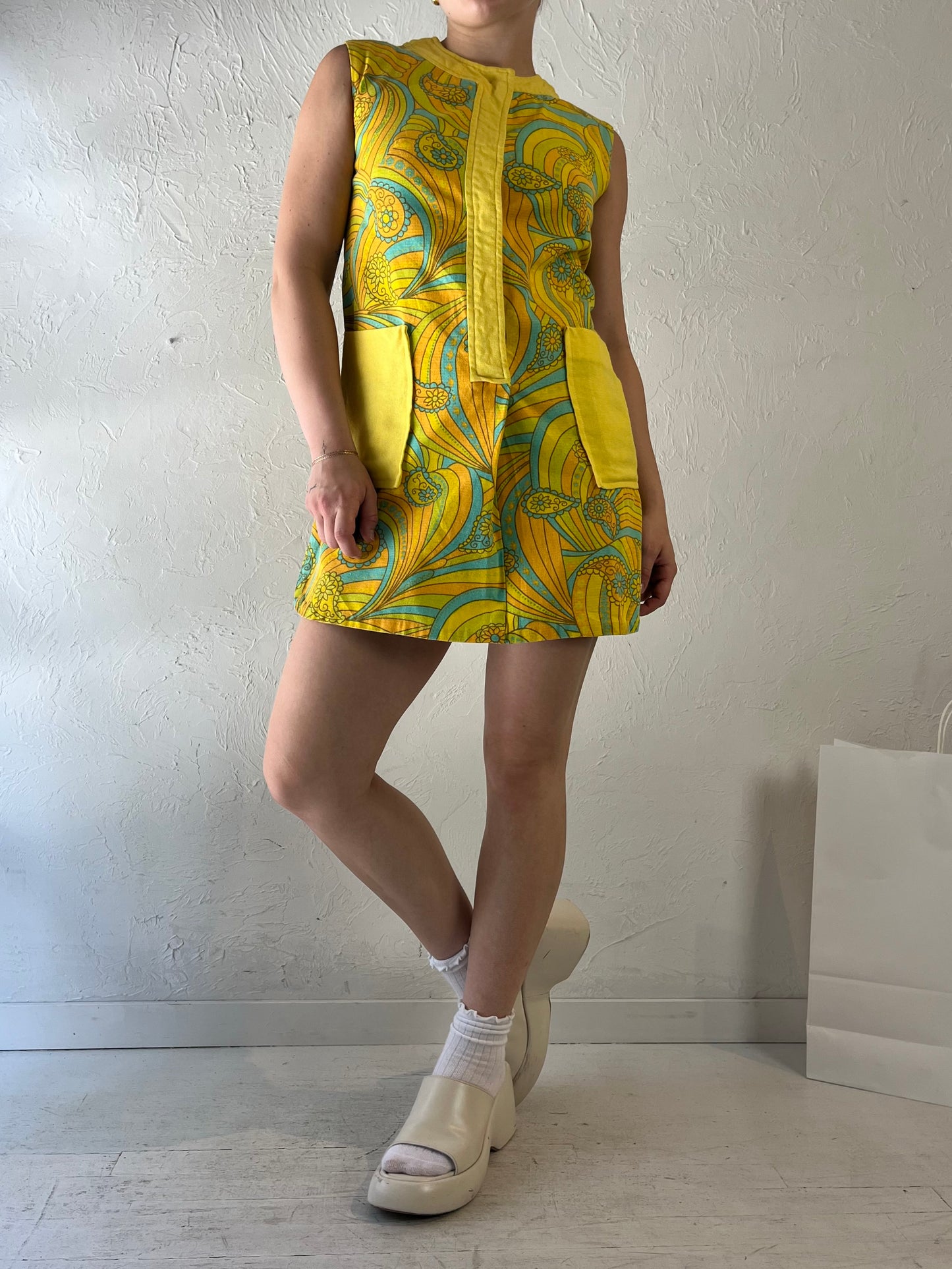 70s Handmade Yellow Paisley Micro Mini Dress / Small