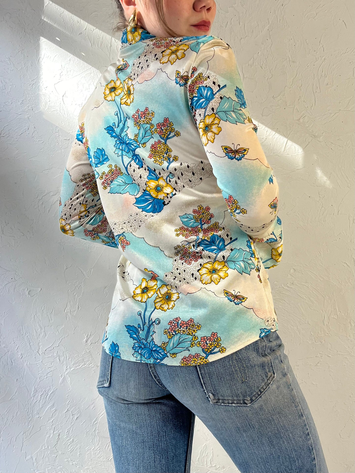 70s Union Made Blue Floral Button Up Blouse / Small