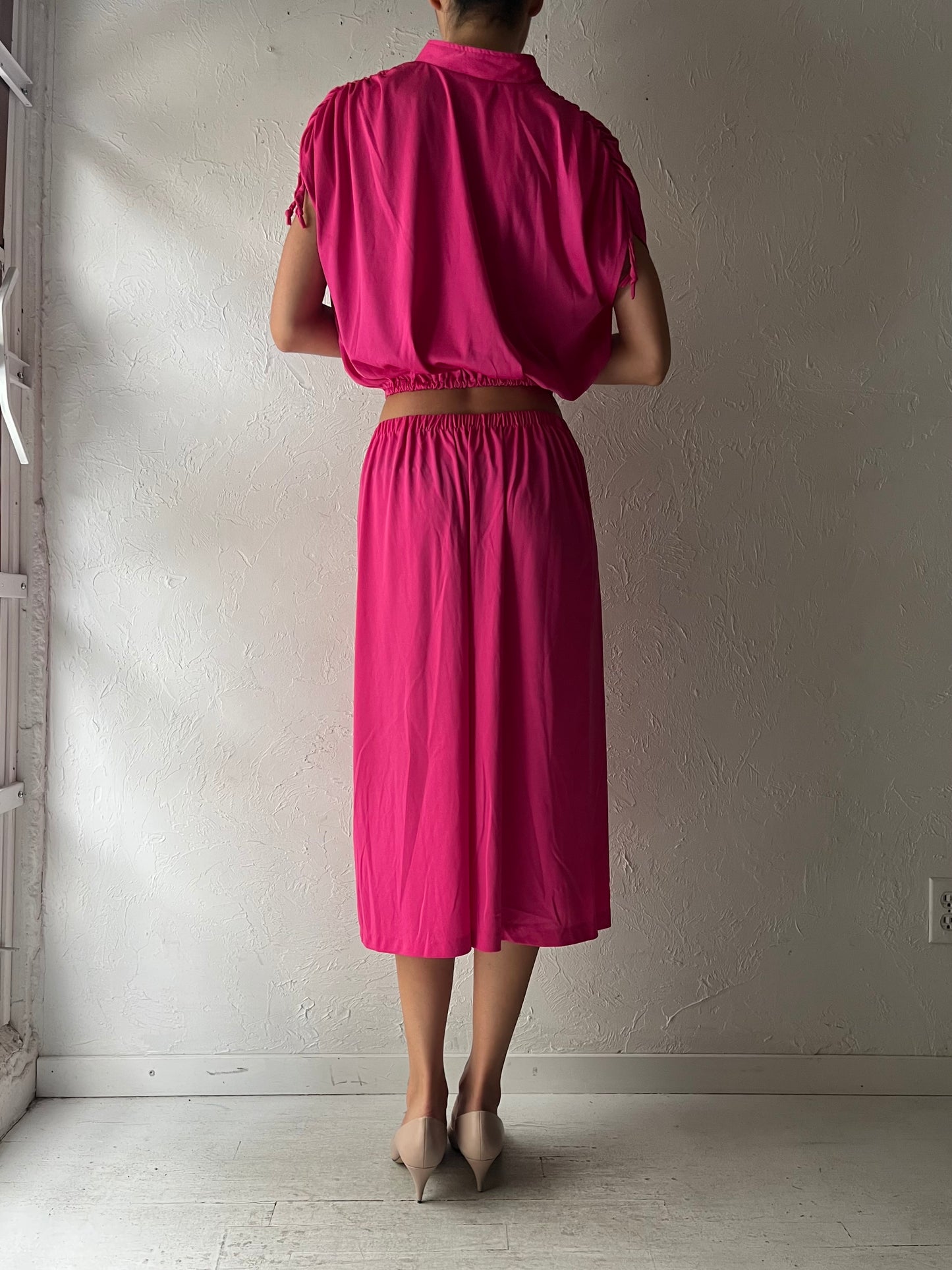 70s Hot Pink Two Piece Skirt Top Set / Small