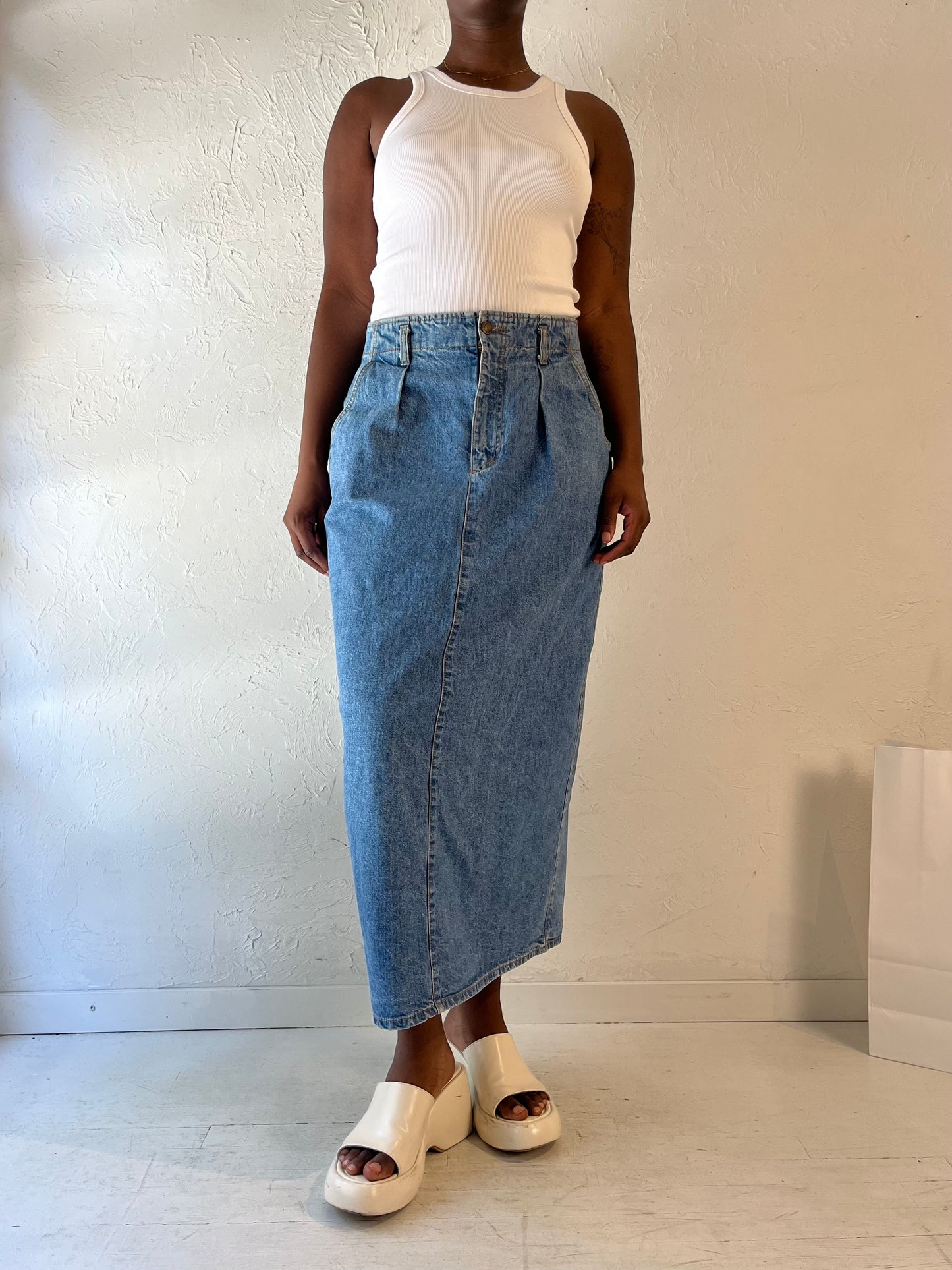 90s 'Seasons' Denim Midi Skirt / Medium