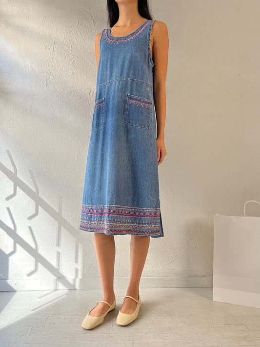 90s ‘Silverlake’ Embroidered Denim Dress / Small