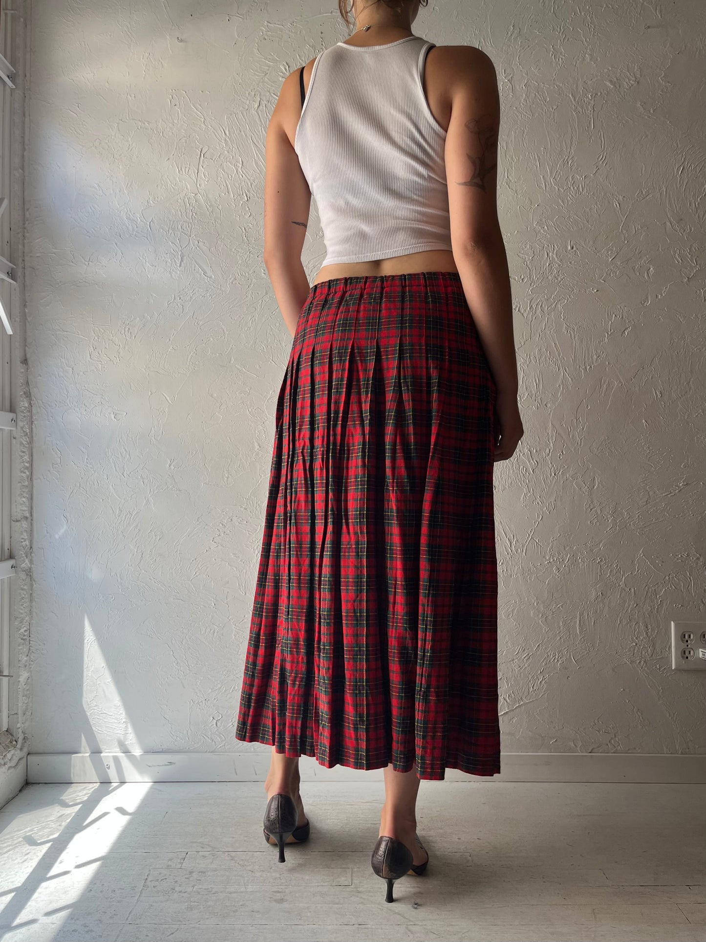 80s 'Marisa Christina' Red Plaid Pleated Preppy Academia Midi Skirt / Medium