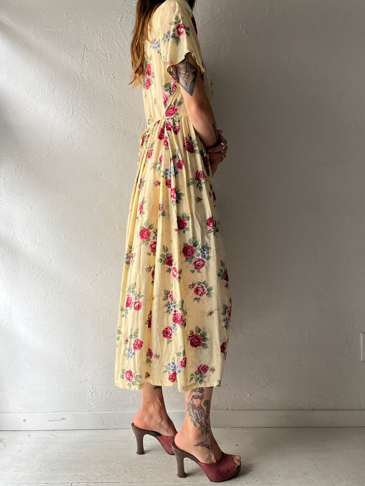 Vintage 'Erika' Yellow Floral Print Rayon Dress / Large