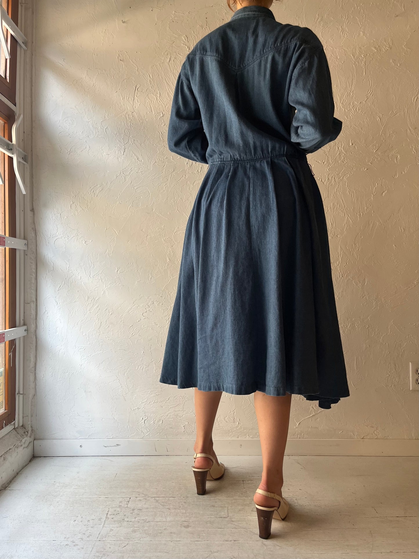 90s 'Alain Toussaint' Denim Western Cowgirl Long Sleeve Snap Up Cottagecore Dress / Medium