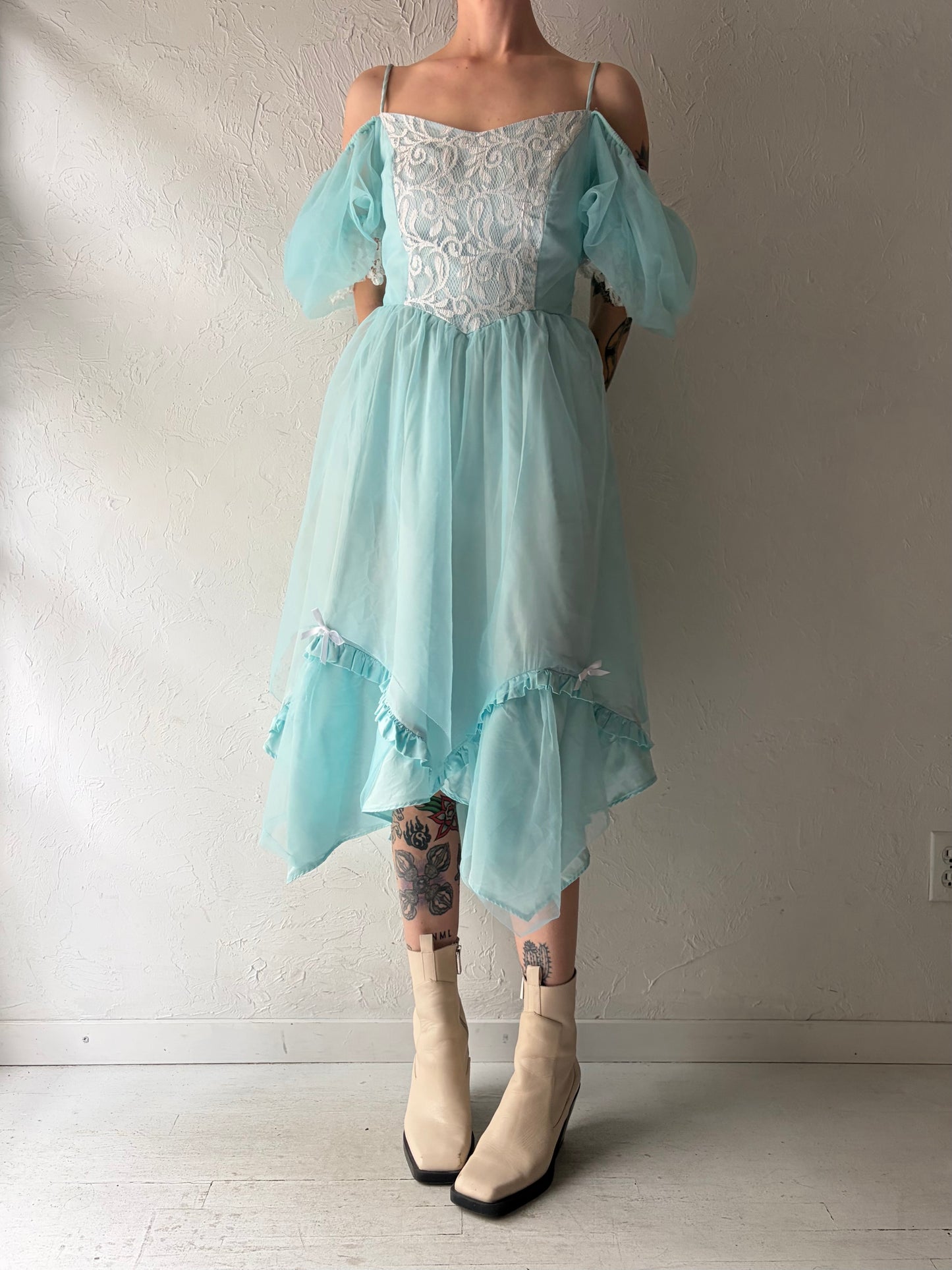 70s Aqua Formal Dress / Union Made / Medium