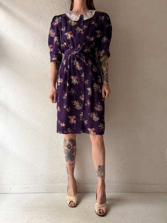 80s 'V.I. Petites' Purple Floral Preppy Academia Shirt Dress / Small