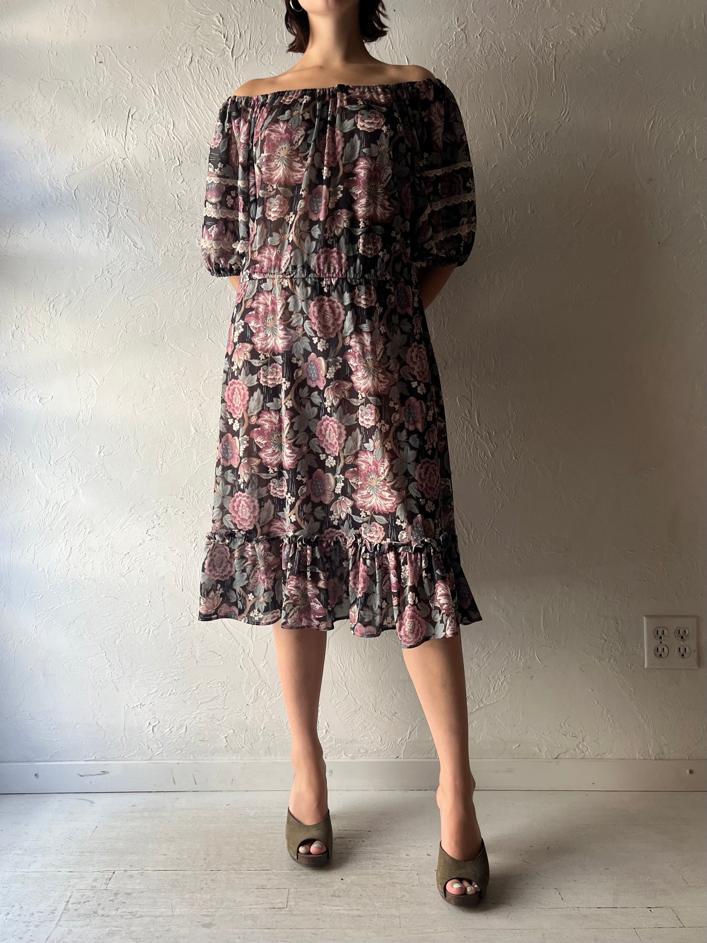 Vintage Handmade Floral Cottagecore Boho Flowy Summer Dress / Vintage Prairie Garden Party Sun Dress / Large