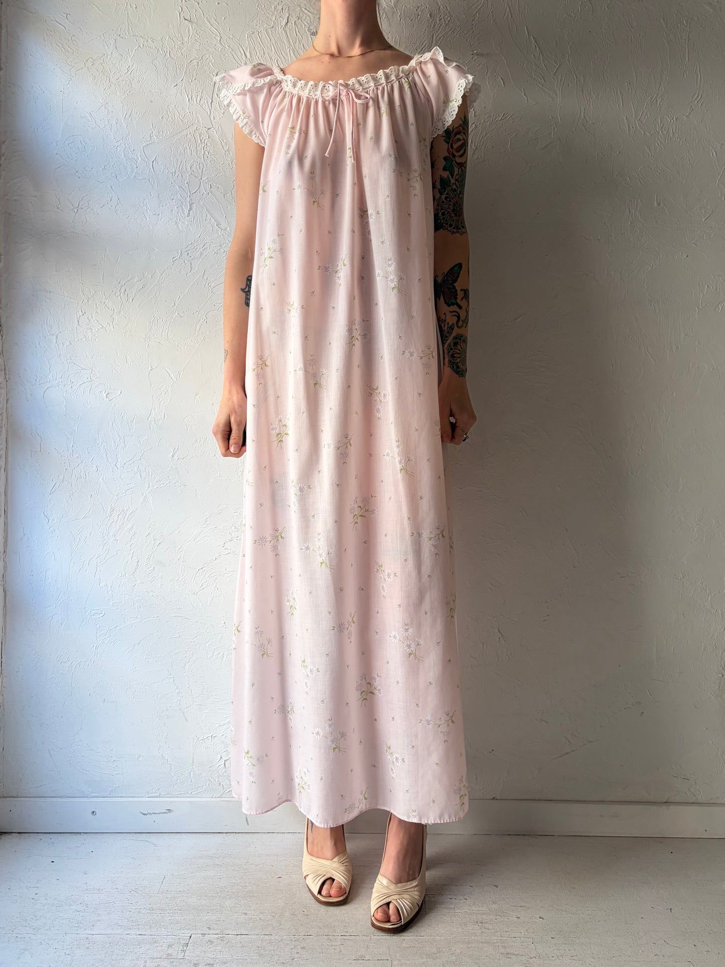 80s 'Komar' Pink Daisy Print Nighty Maxi Dress / Small