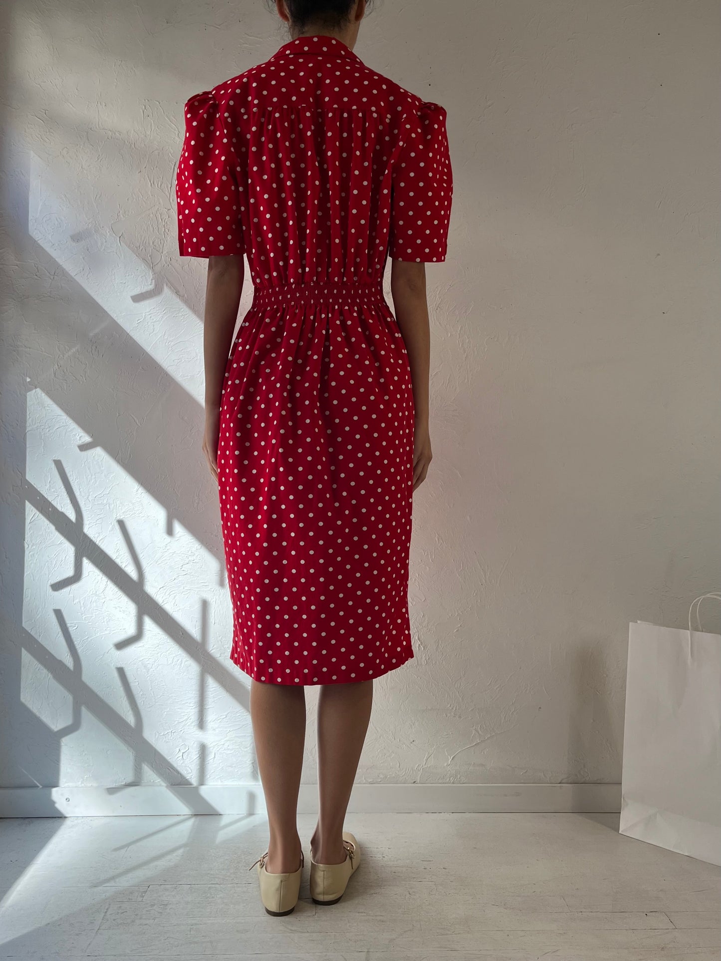 80s ‘Ronni Nicole’ Red Polka Dot Puff Sleeve Collared Dress / Medium