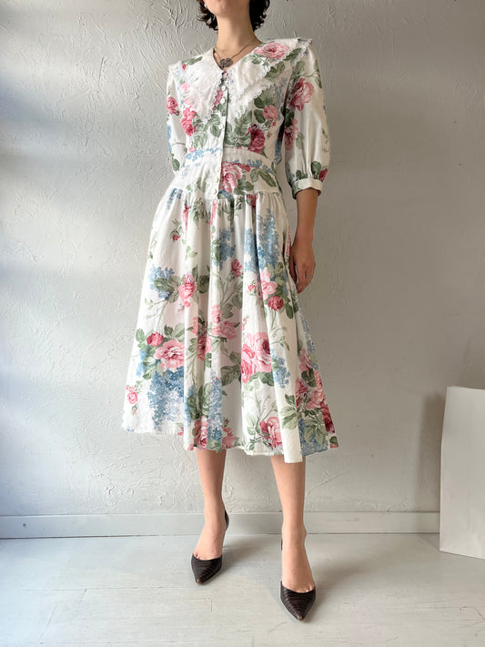 90s 'Britland' Floral Print Midi Dress / Small