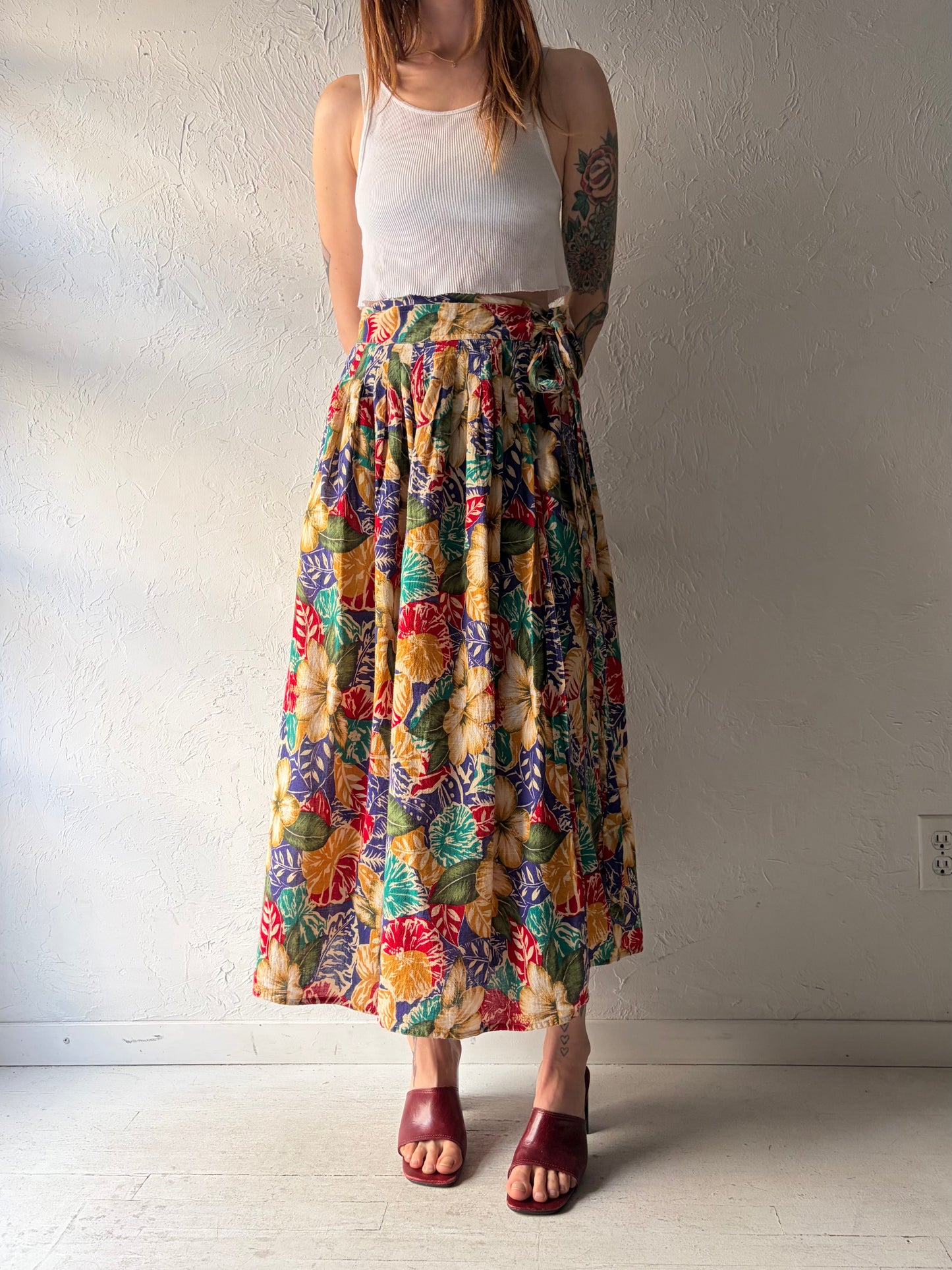 90s 'Liz Sport' Cotton Floral Wrap Skirt / Medium