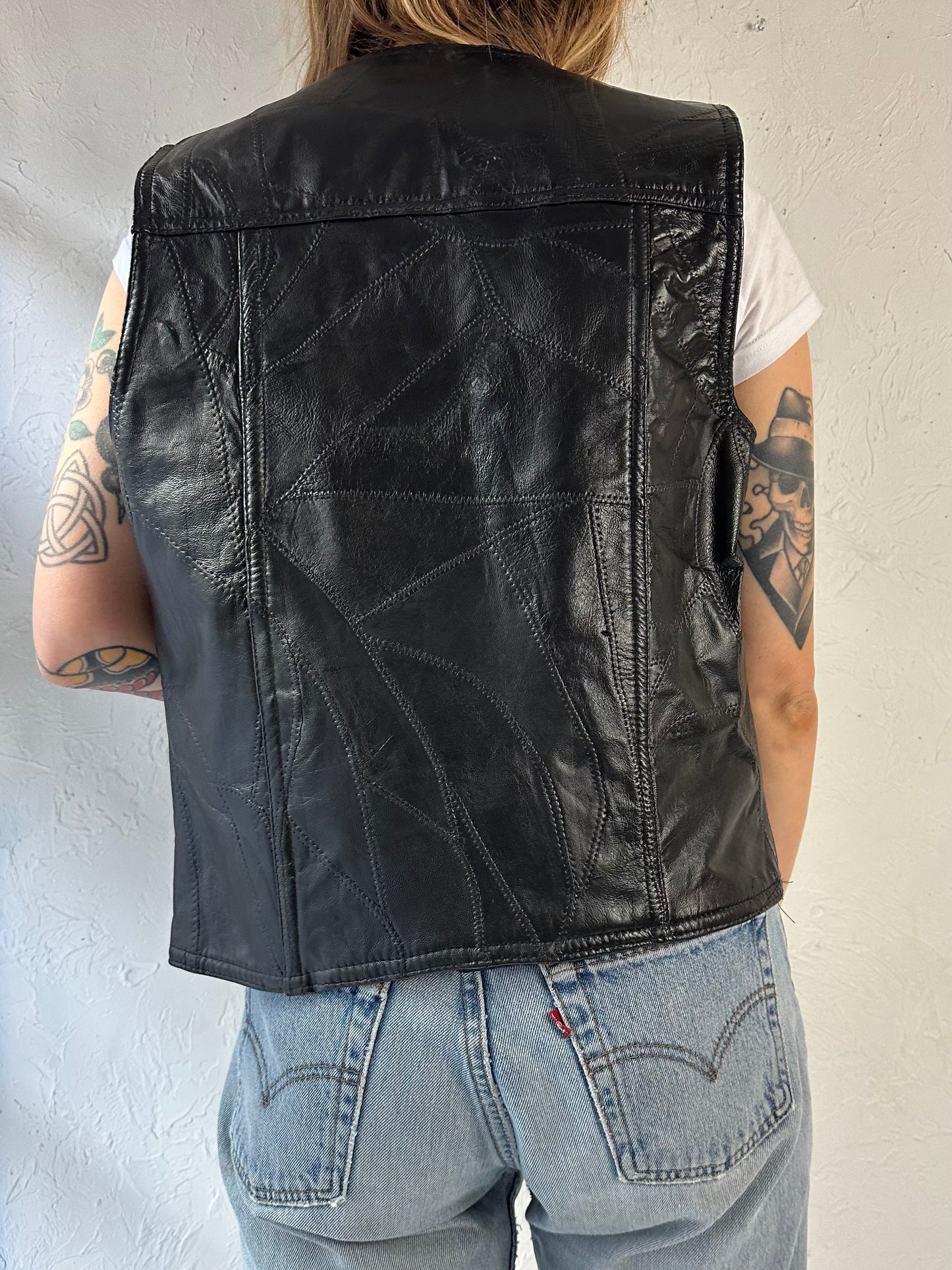 90s ‘American Unique’ Black Leather Patchwork Vest / Small