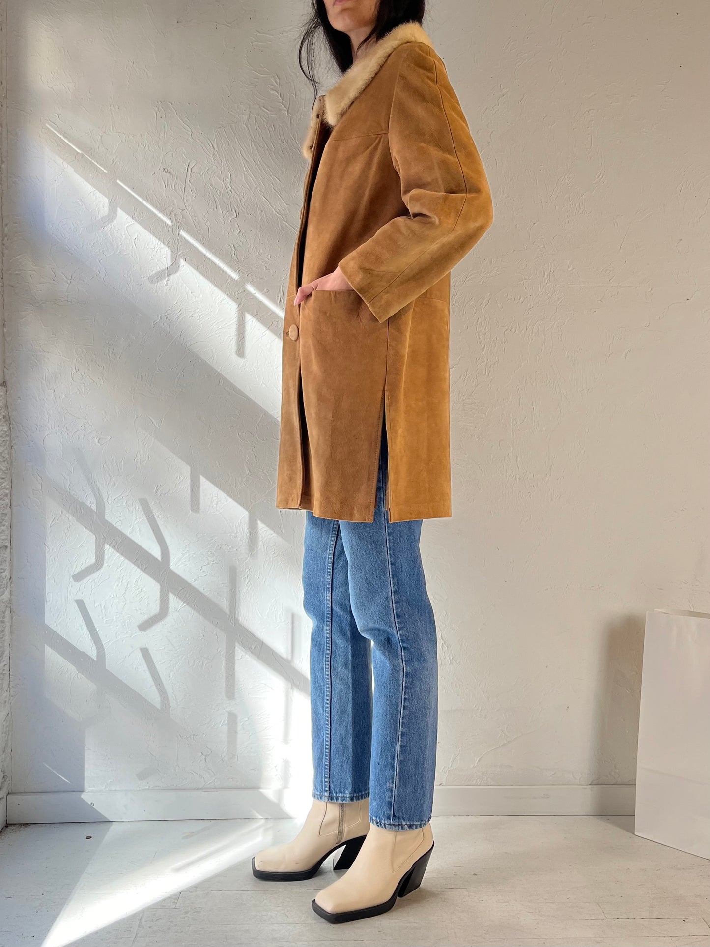 70s Suede Tan Leather Coat with Fur Trim / Small