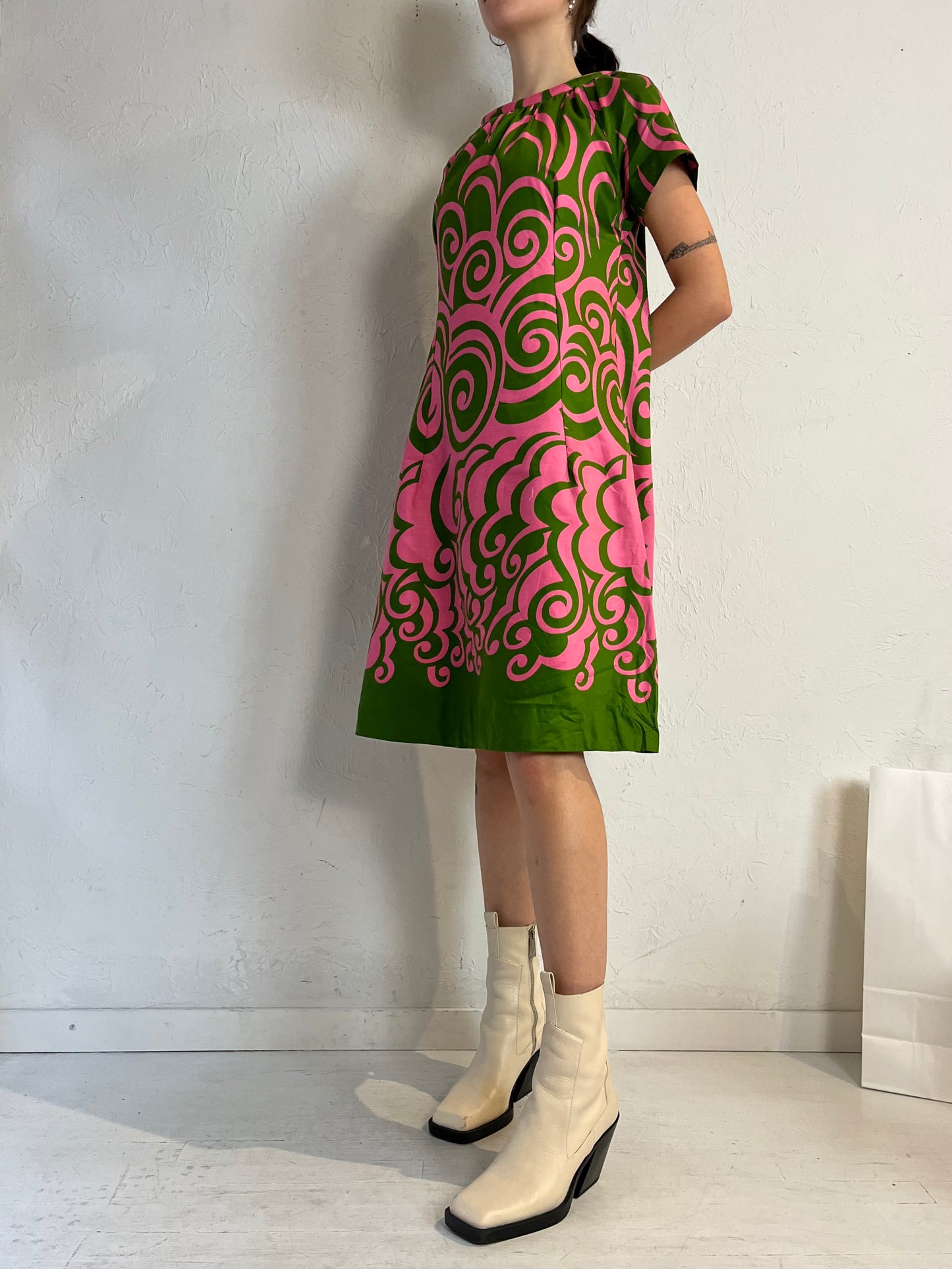 70s 'Rhapsody' Pink and Green Patterned Dress / Small