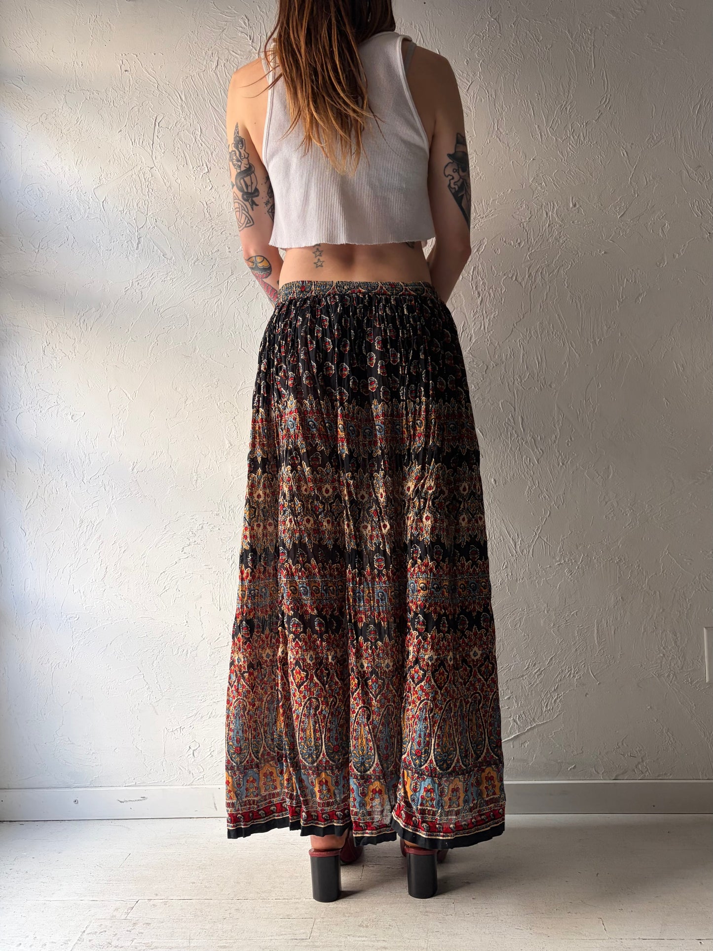 90s 'Emblem' Patterned Cotton Boho Hippie Maxi Skirt / Medium