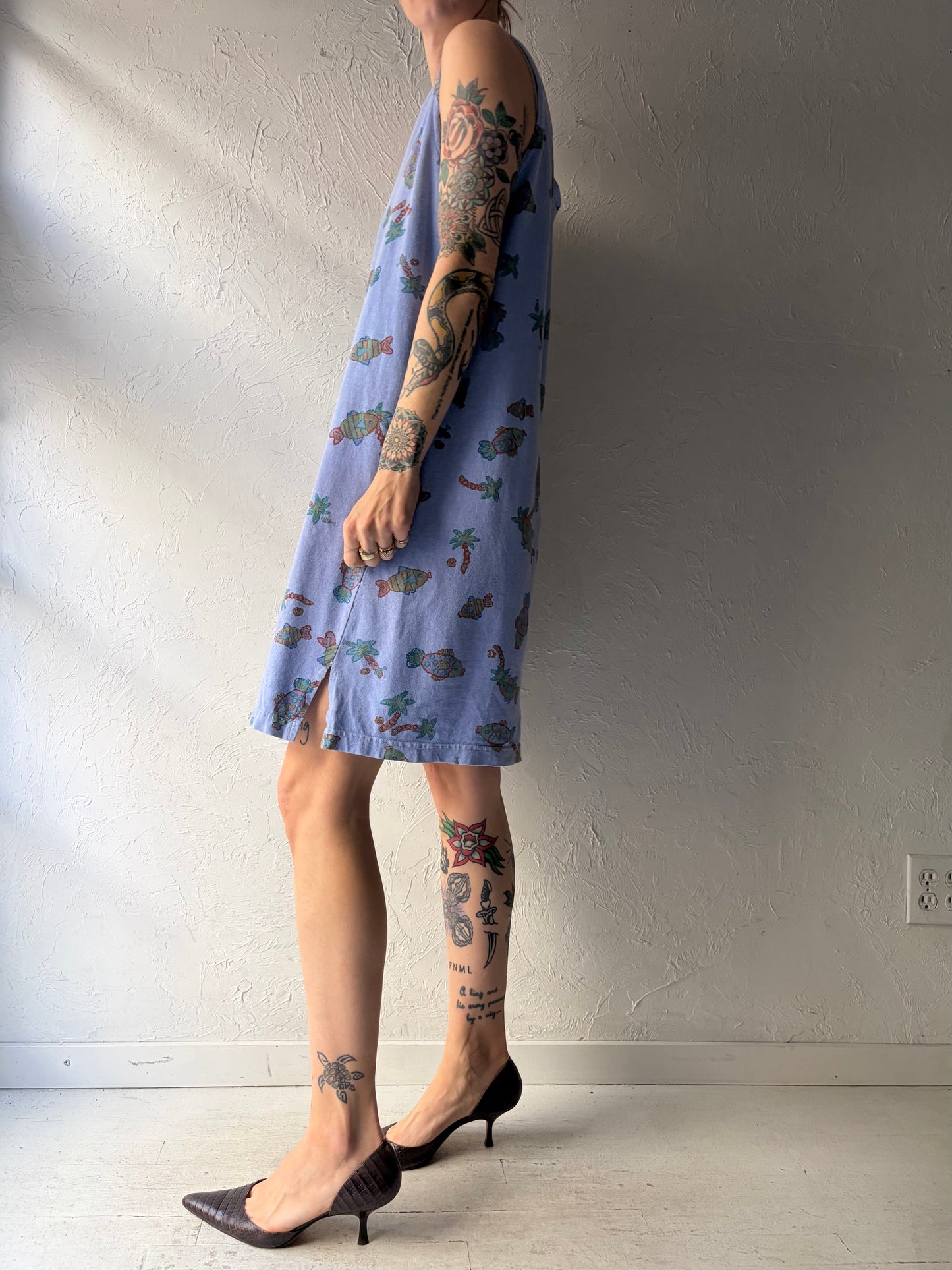 80s 'Fresh Produce' Purple Fish Print Summer Dress / Vintage 1980s Novelty Print Cotton Beach Dress / Medium