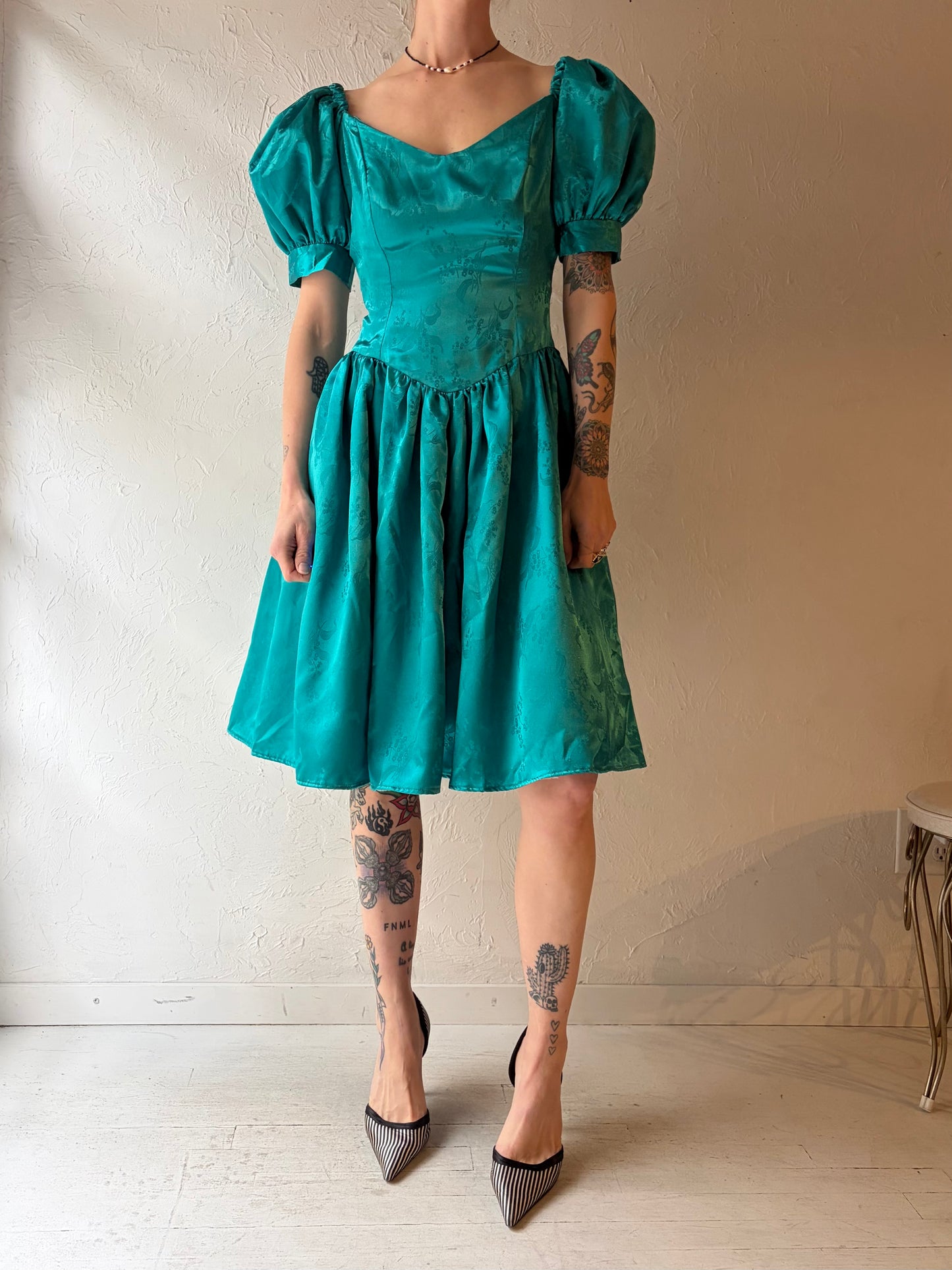 Vintage Handmade Teal Green Puff Sleeve Formal Mini Dress / Small