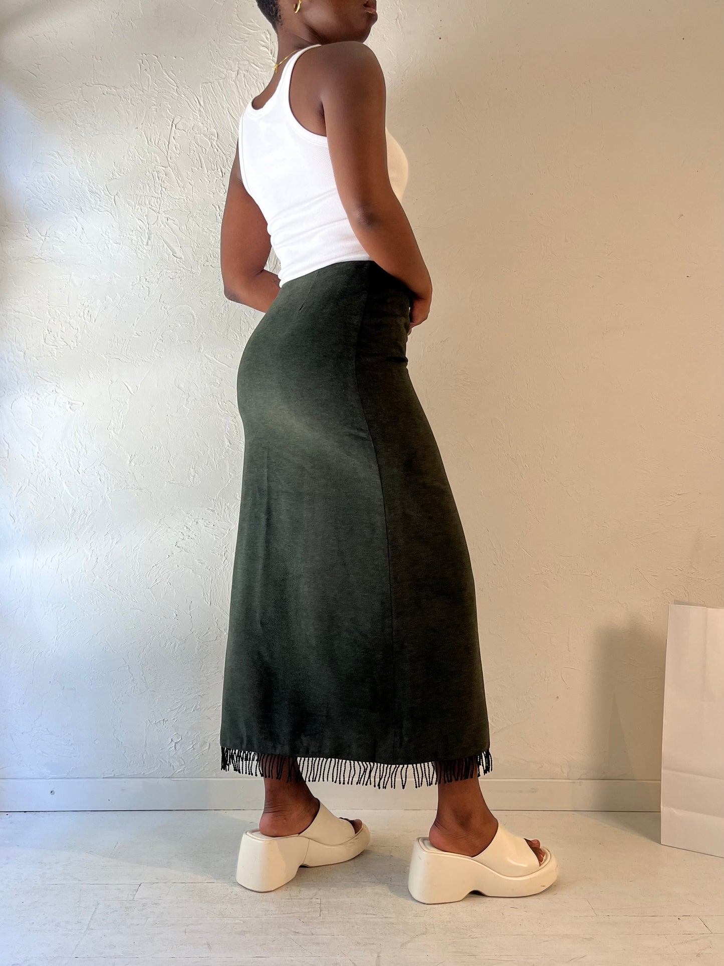 90s 'Dalia' Dark Green Micro Suede Maxi Skirt /  Medium