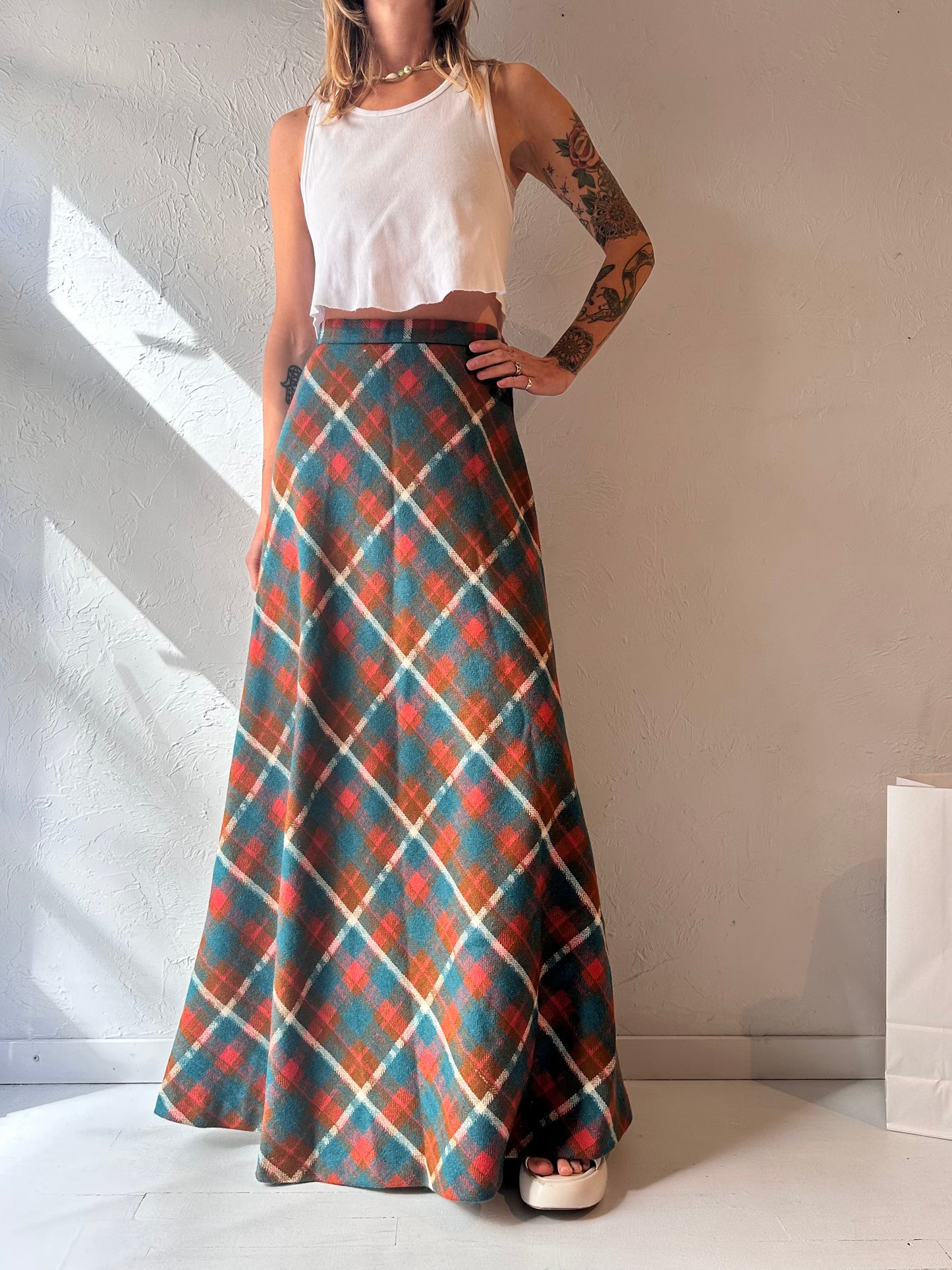 70s Thick Wool Plaid Maxi Skirt / Small