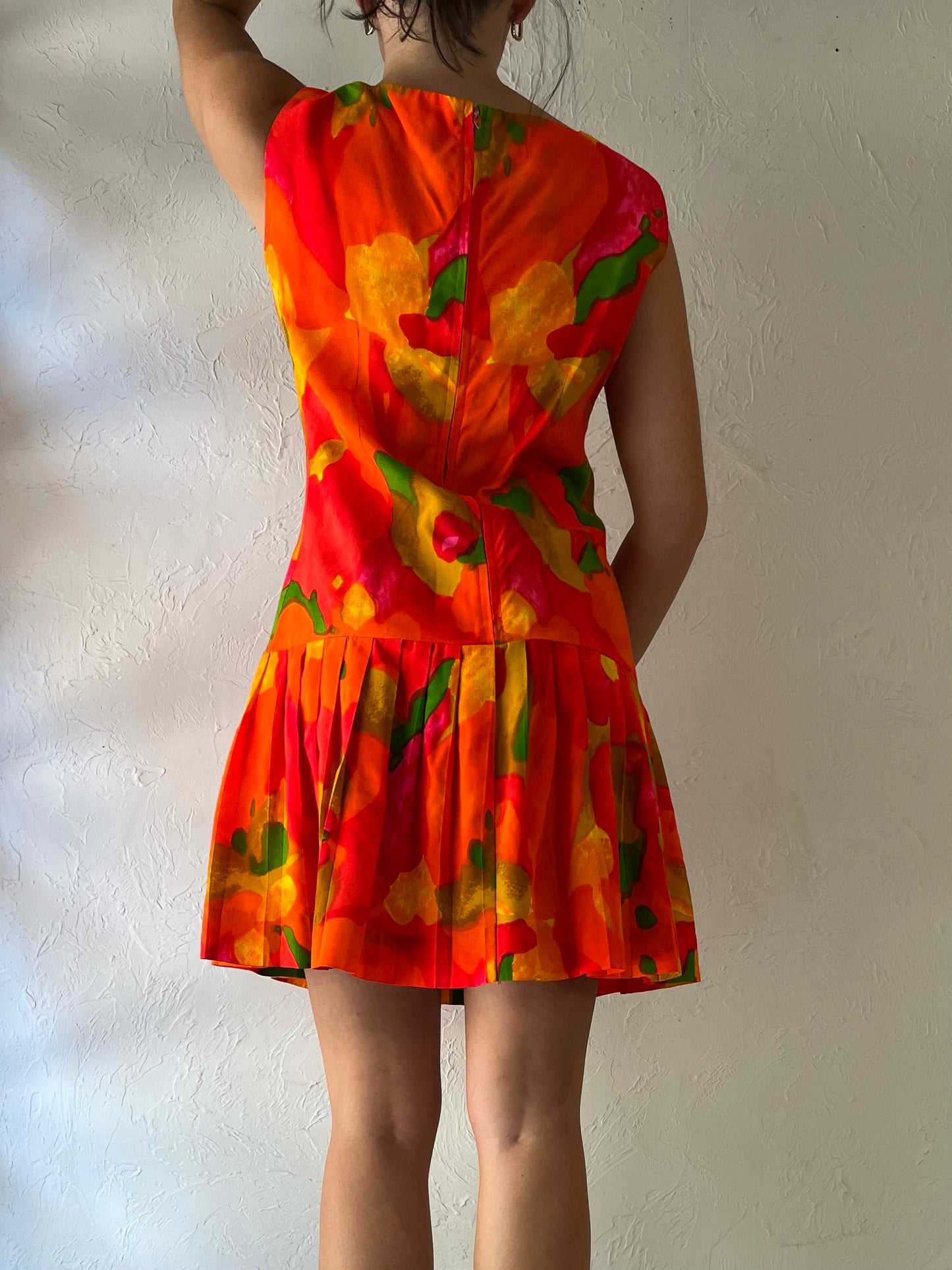 80s 'Alice' Neon Floral Drop Waist Dress / Medium