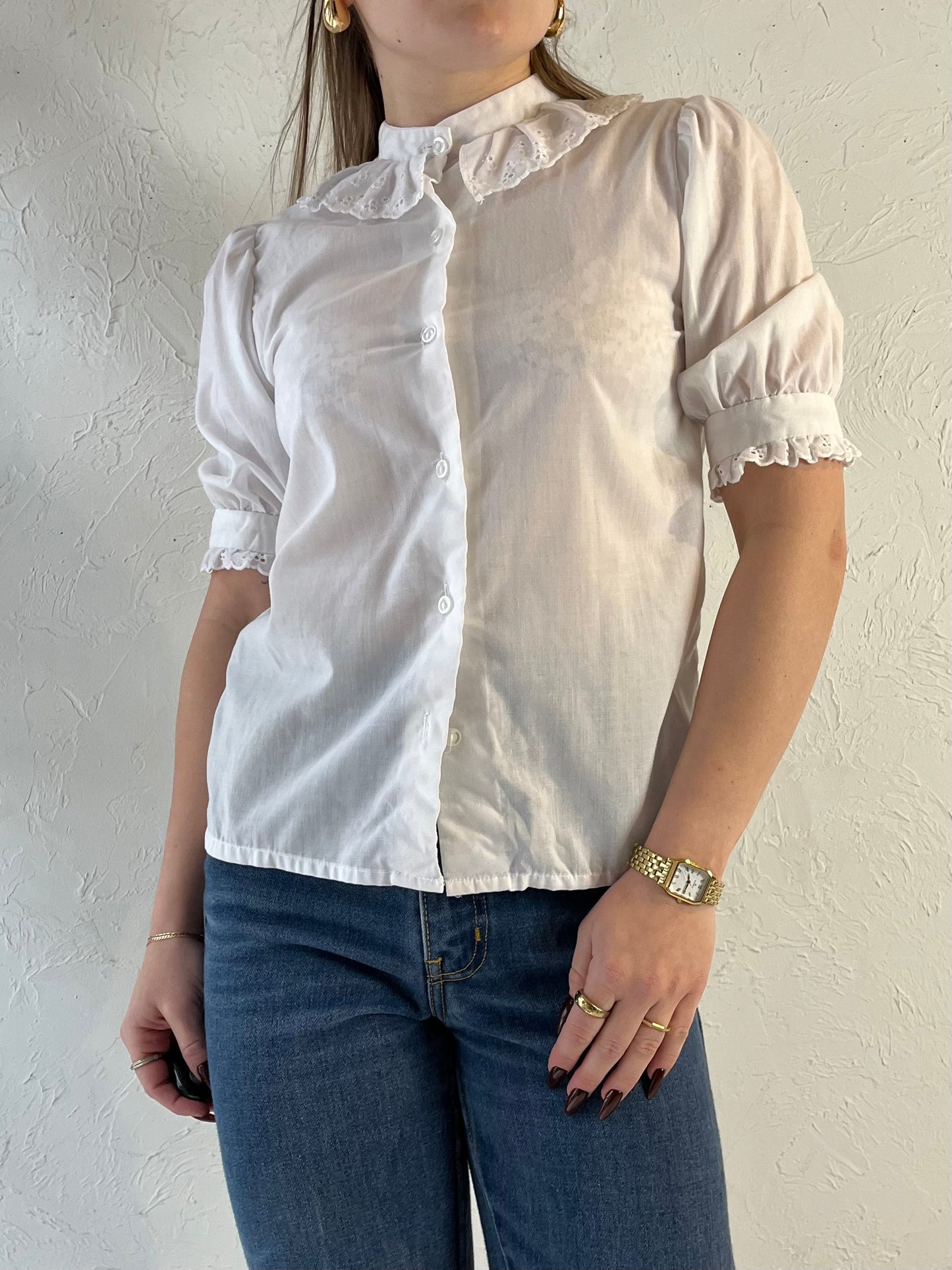 70s 'Sears' White Collared Blouse / XS