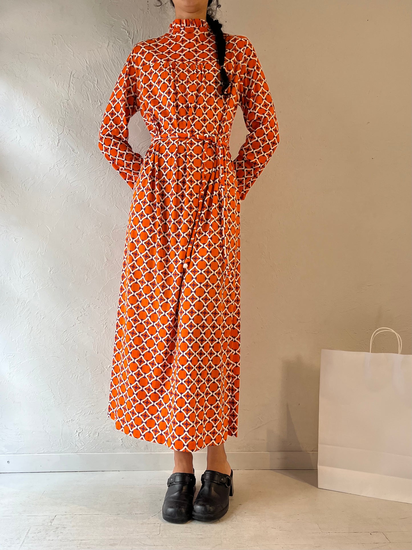 70s Orange Retro Patterned Kaftan Maxi Dress / Small