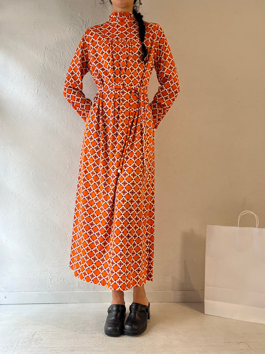 70s Orange Retro Patterned Kaftan Maxi Dress / Small